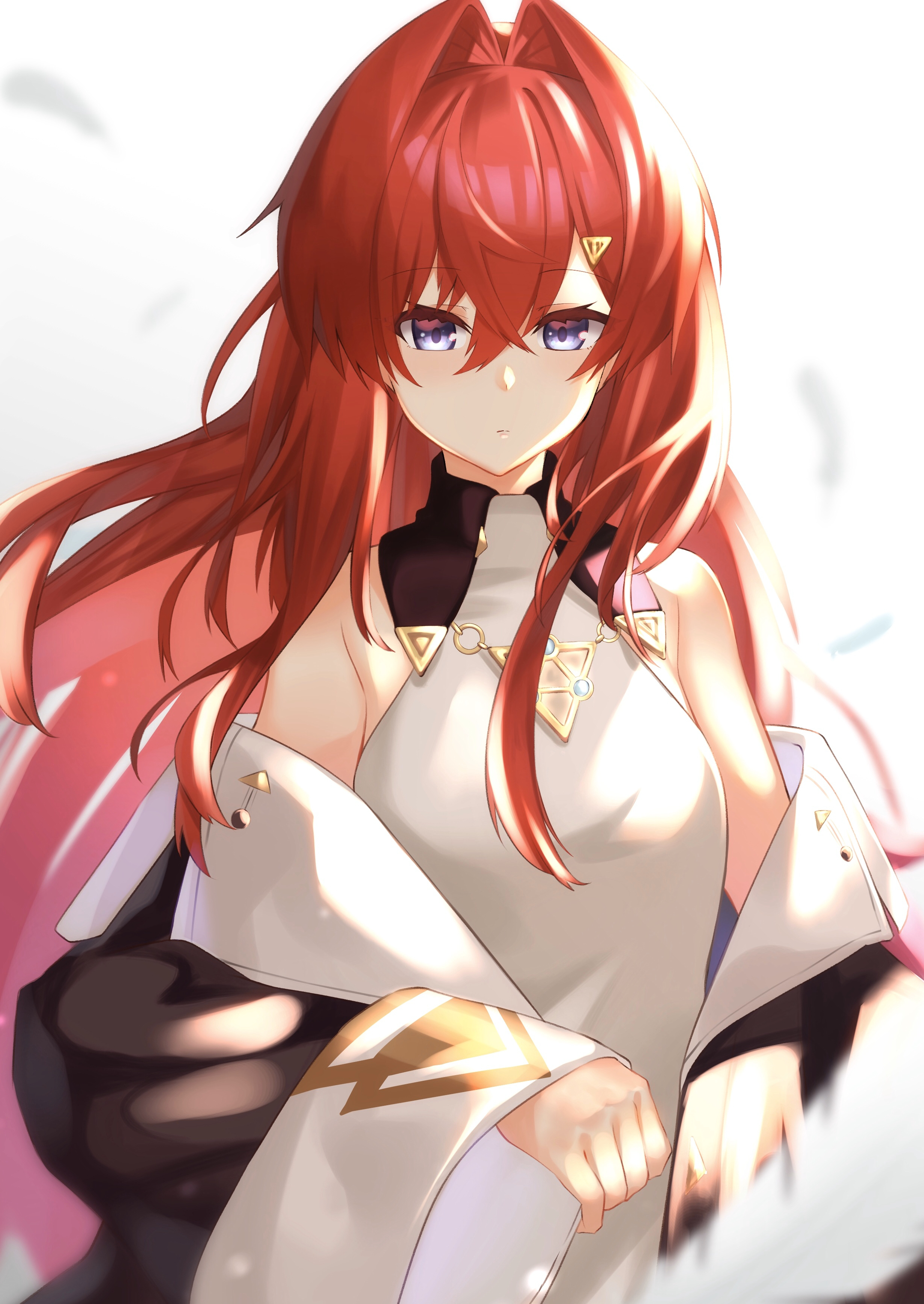 viet (yomi0556), ange katrina, ange katrina (1st costume), nijisanji, absurdres, commentary request, highres, 1girl, armpit crease, bare shoulders, black coat, breasts, closed mouth, coat, collared dress, crossed bangs, dress, hair between eyes, hair intakes, hair ornament, long bangs, long hair, long sleeves, looking at viewer, off shoulder, purple eyes, red hair, sleeveless, sleeveless dress, small breasts, solo, triangle hair ornament, upper body, very long hair, virtual youtuber, white background, white dress