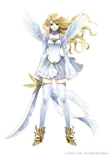 ashi, lowres, angel wings, brown hair, dress, long hair, skirt, solo, sword, thighhighs, weapon, white thighhighs, wings, zettai ryouiki