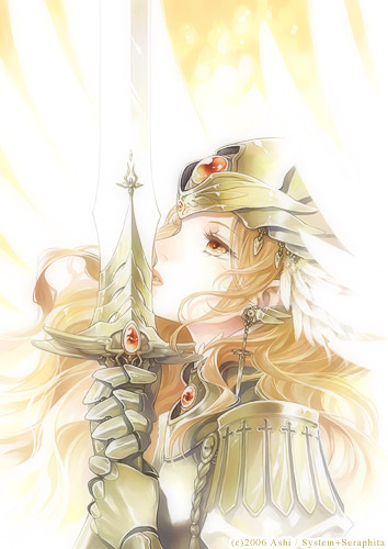 ashi, lowres, armor, brown eyes, brown hair, earrings, gauntlets, head wings, helm, helmet, jewelry, long hair, solo, sword, weapon, wings