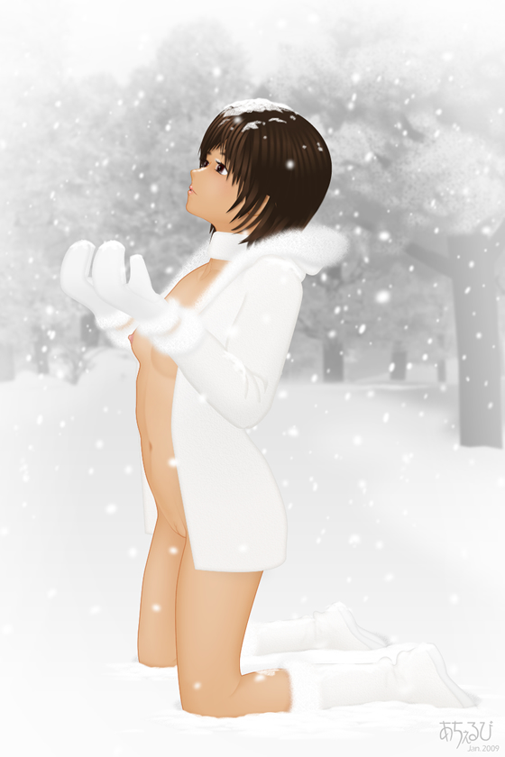 acerbi, bad id, bad pixiv id, 1girl, 3d, boots, female focus, kneeling, mittens, navel, nude, snow, solo, uncensored
