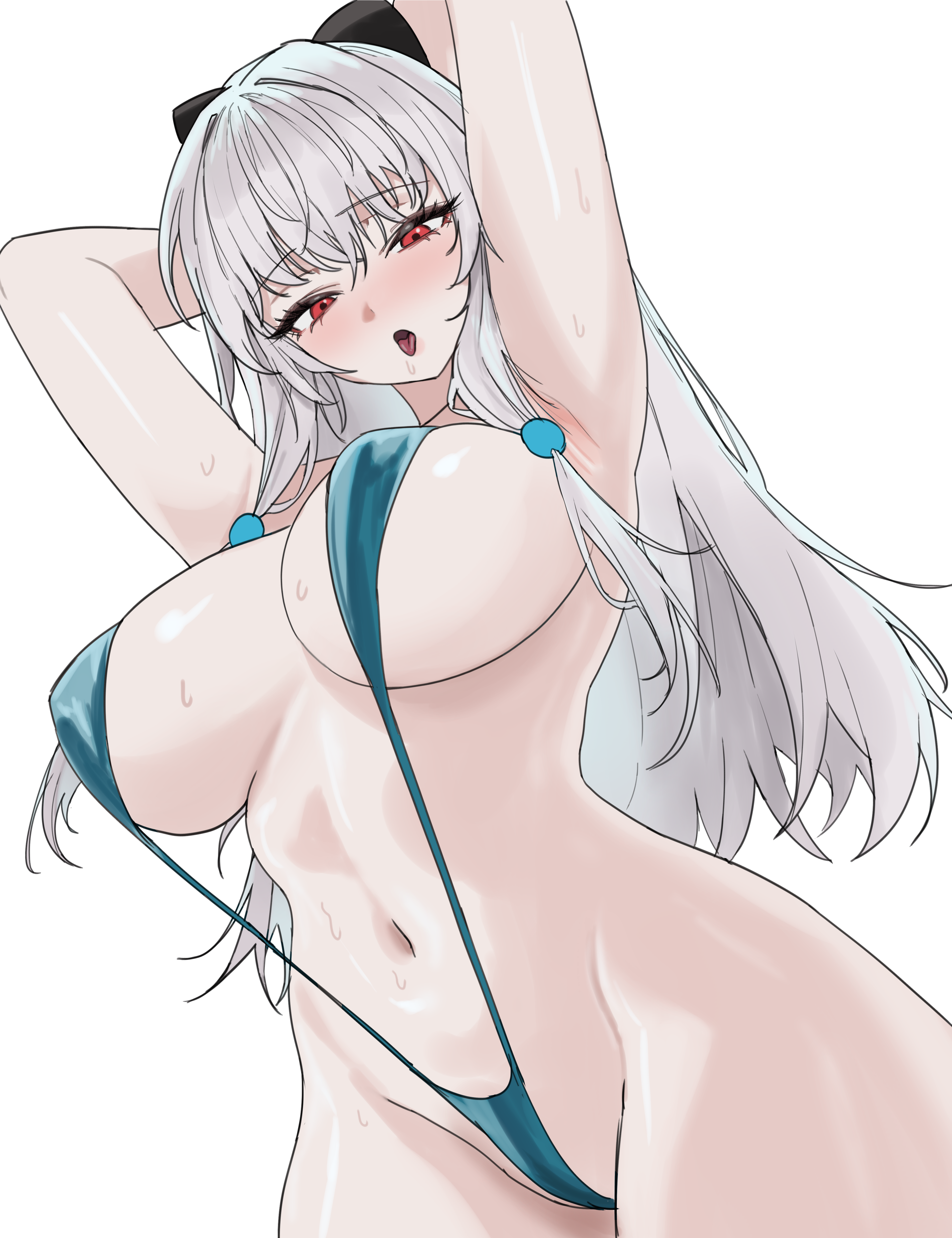 original, absurdres, commission, highres, 1girl, armpits, arms behind head, arms up, bare shoulders, blue slingshot swimsuit, bow, breasts, cleavage, cowboy shot, hair bow, large breasts, long hair, looking at viewer, namogo, navel, open mouth, red eyes, simple background, slingshot swimsuit, solo, stomach, sweat, swimsuit, tongue, tongue out, white background, white hair