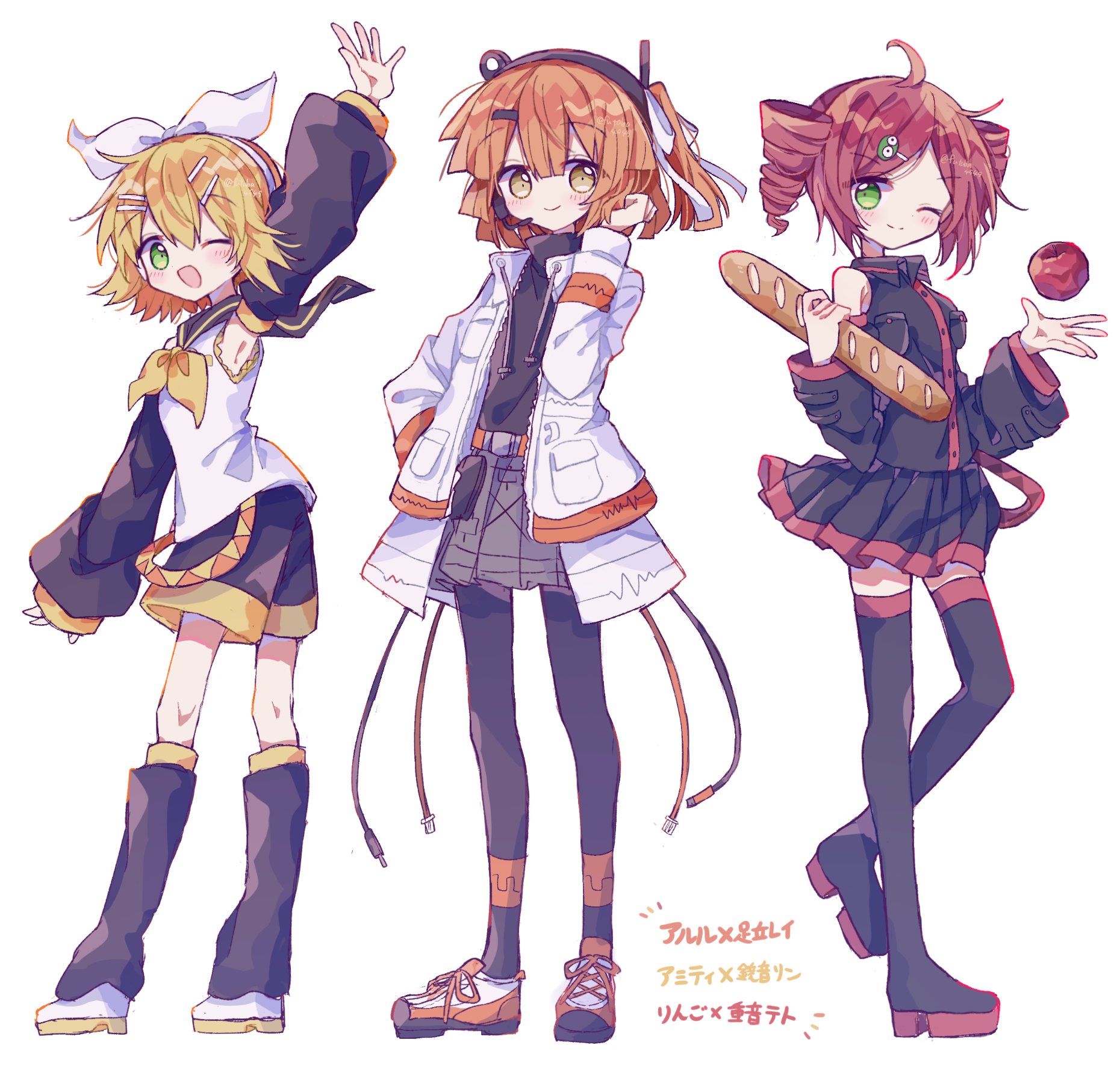 futaba969649, adachi rei, amitie (puyopuyo), andou ringo, arle nadja, kagamine rin, kasane teto, a.i. voice, puyopuyo, utau, vocaloid, commentary request, highres, translated, 3girls, ;d, adachi rei (cosplay), ahoge, apple, arm up, armpits, baguette, bare shoulders, black boots, black hairband, black sailor collar, black shirt, black shorts, black skirt, black sleeves, blonde hair, blush, boots, bow hairband, bread, character name, closed mouth, coat, collared shirt, cosplay, detached sleeves, double-parted bangs, drill hair, food, fruit, full body, green eyes, grey skirt, hair ornament, hairband, hairclip, hand up, headset, holding, holding food, kagamine rin (cosplay), kasane teto (cosplay), leg warmers, long sleeves, looking at viewer, miniskirt, multiple girls, neckerchief, one eye closed, open clothes, open coat, open mouth, orange hair, outstretched arm, parallel hairclips, parted bangs, pleated skirt, ponytail, red hair, sailor collar, shirt, shoes, short hair, shorts, simple background, skirt, sleeveless, sleeveless shirt, smile, sneakers, standing, thigh boots, thighhighs, twin drills, white background, white coat, white hairband, white shirt, white shoes, yellow eyes, yellow neckerchief, zettai ryouiki