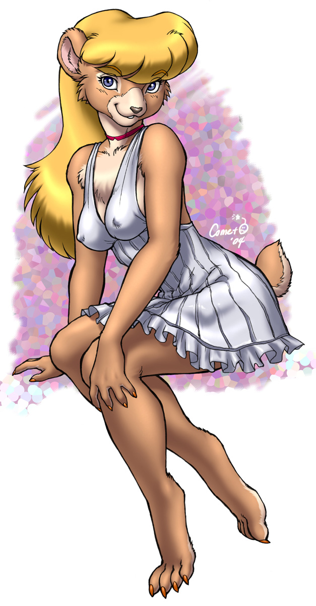 dr comet, highres, 00s, 1girl, 2004, animal ears, barefoot, bear, blonde hair, blue eyes, breasts, covered erect nipples, feet, female focus, full body, furry, furry female, nipples, solo, tail, toes