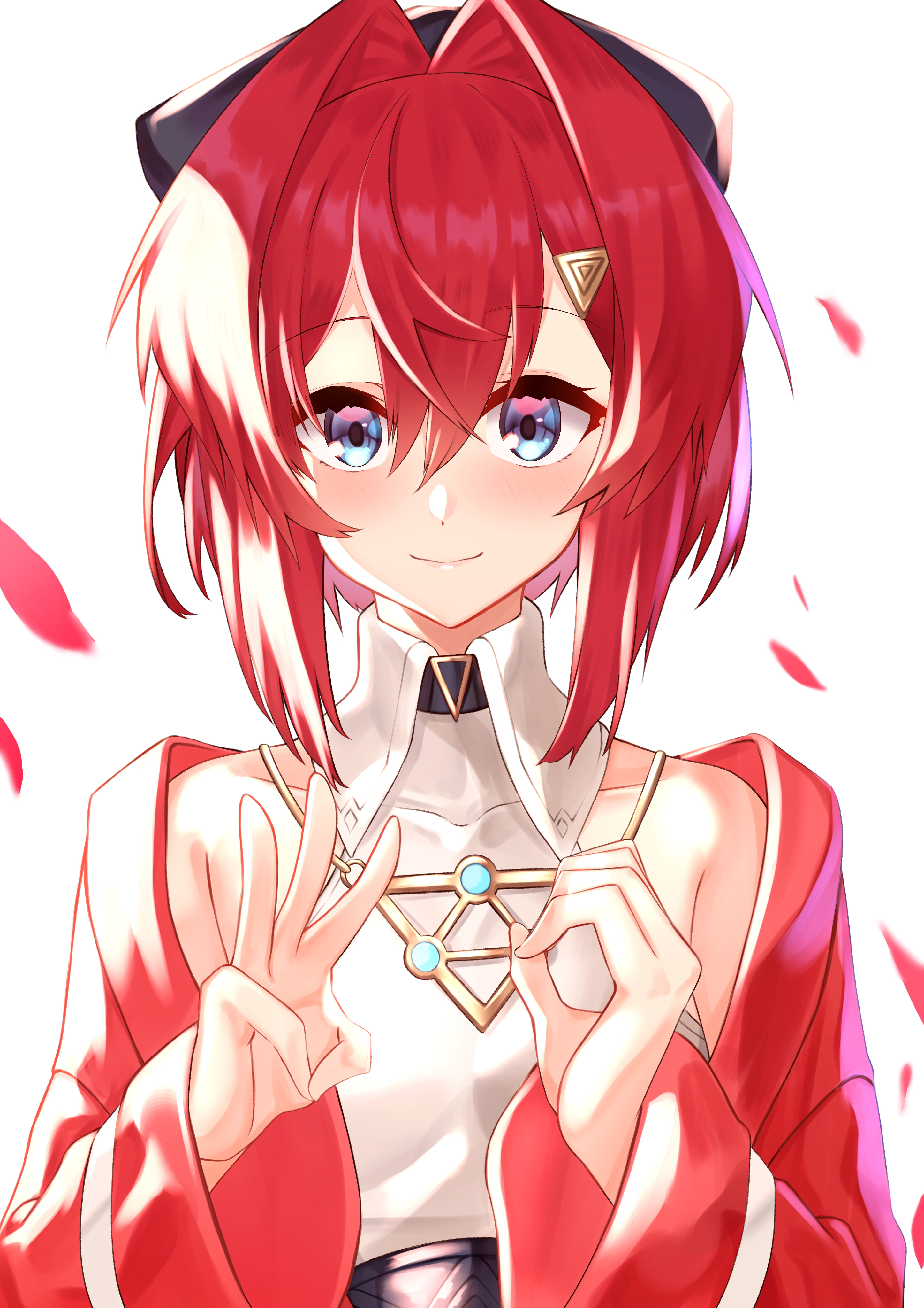 viet (yomi0556), ange katrina, ange katrina (2nd costume), nijisanji, absurdres, commentary request, highres, textless version, 1girl, armpit crease, black bow, blue eyes, blush, bow, closed mouth, collarbone, collared shirt, crossed bangs, double-parted bangs, falling petals, finger counting, gold necklace, gradient eyes, hair between eyes, hair bow, hair intakes, hair ornament, halter shirt, halterneck, hands up, jacket, jewelry, lips, long bangs, long sleeves, looking at viewer, multicolored eyes, necklace, open clothes, open jacket, petals, pink eyes, red hair, red jacket, red petals, shirt, shirt tucked in, short hair, sleeveless, sleeveless shirt, smile, solo, straight-on, triangle hair ornament, upper body, virtual youtuber, white background, white shirt