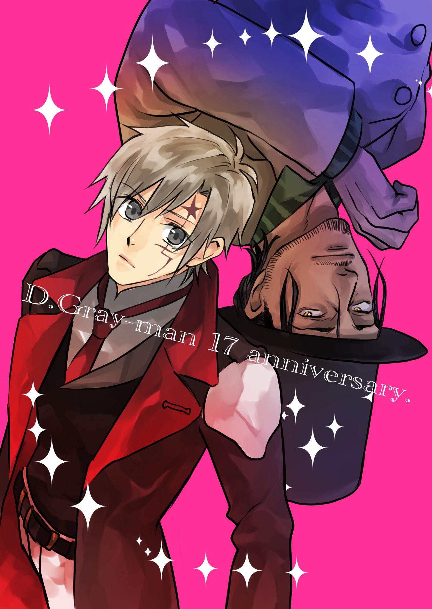 allen walker, mana walker, d.gray-man, highres, 2boys, anniversary, beard, belt, black belt, black coat, black hair, black hat, black vest, brown coat, buttons, coat, collared coat, collared shirt, dark-skinned male, dark skin, dress shirt, english text, facial hair, facial mark, forehead mark, from above, gloves, green shirt, grey eyes, grey hair, hair between eyes, hat, koshian (mruc9), large hat, light smile, looking at viewer, male focus, mature male, multiple boys, mustache, necktie, open clothes, open coat, pants, pink background, red necktie, rotational symmetry, scar, scar across eye, scar on face, shirt, short hair, sidelocks, simple background, single glove, sparkle, star (symbol), star facial mark, striped clothes, striped coat, striped shirt, vertical-striped coat, vest, white gloves, white pants, white shirt, yellow eyes