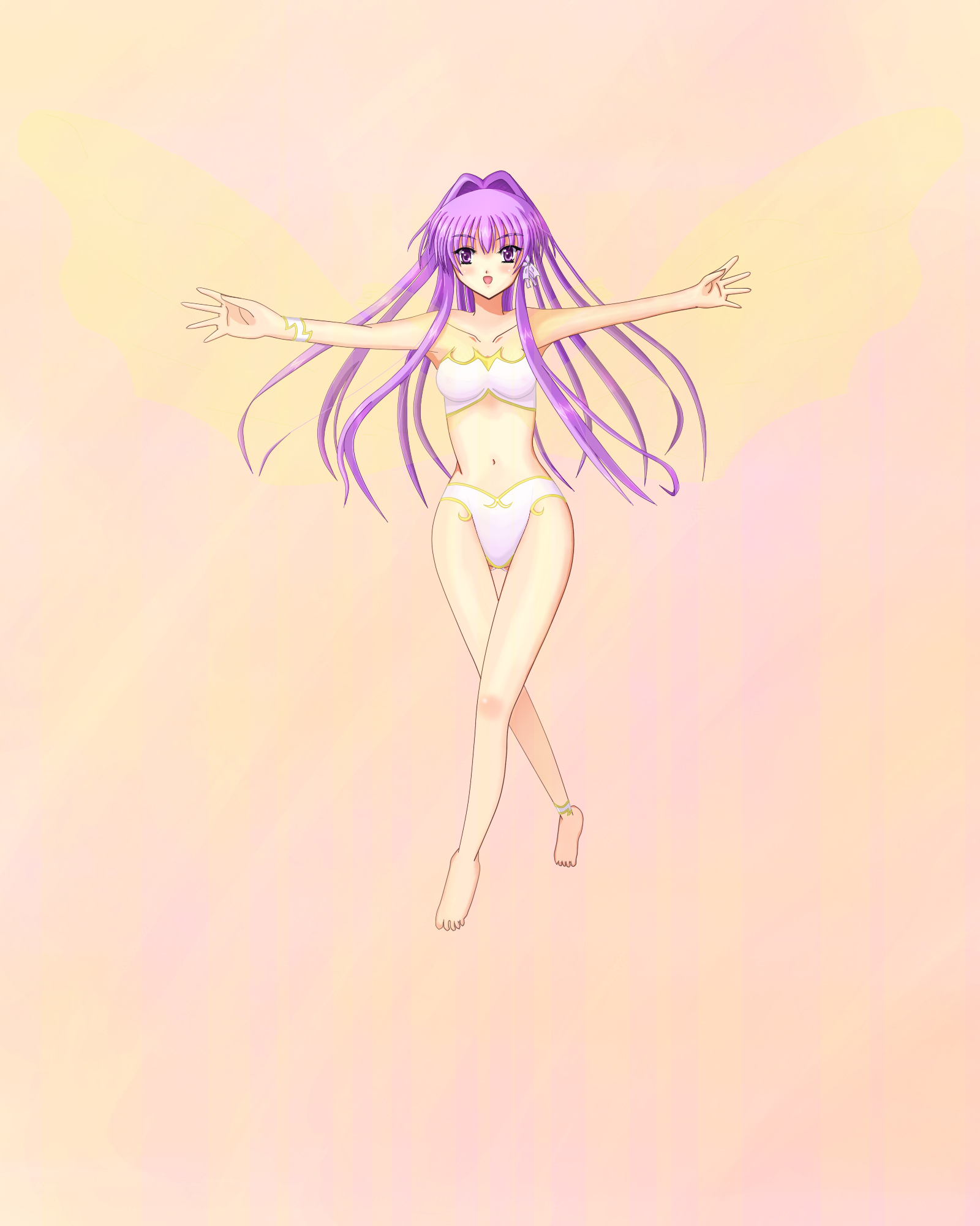 sylphy, sylphy (artist), fujibayashi kyou, hirohashi ryou, clannad, kaleido star, highres, barefoot, bikini, cosplay, leotard, long hair, purple eyes, purple hair, solo, swimsuit, thigh gap, thighs, voice actor connection