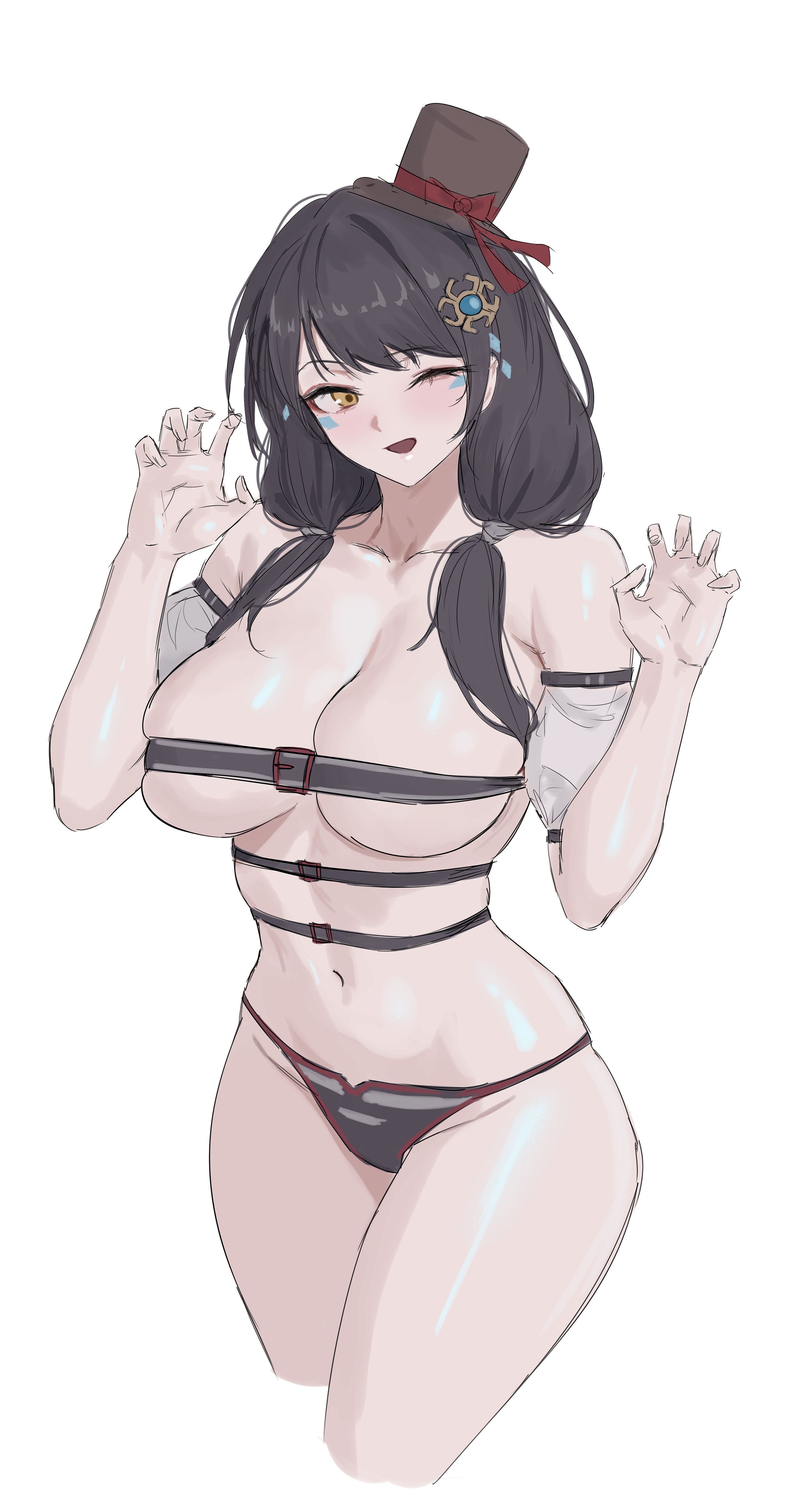 eve (2nas) (elsword), eve (elsword), elsword, absurdres, commission, highres, 1girl, bare shoulders, belt, belt bra, bikini, bikini bottom only, black bikini, black hair, black hat, breasts, claw pose, cleavage, collarbone, cropped legs, detached sleeves, facial mark, hair over shoulder, hands up, hat, large breasts, long hair, looking at viewer, low twintails, multiple belts, namogo, navel, one eye closed, open mouth, short sleeves, solo, swimsuit, thighs, top hat, twintails, yellow eyes