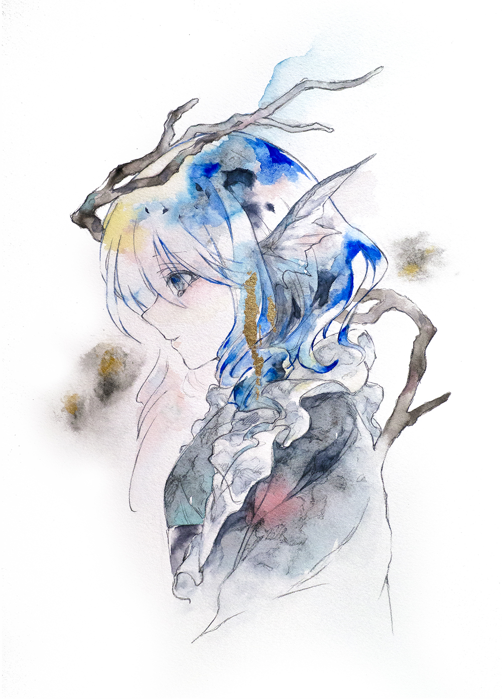 ikeda ruriko, wakasagihime, touhou, highres, painting (medium), traditional media, watercolor (medium), 1girl, blue hair, blue kimono, fins, frilled kimono, frills, from side, head fins, japanese clothes, kimono, looking to the side, medium hair, solo, white background