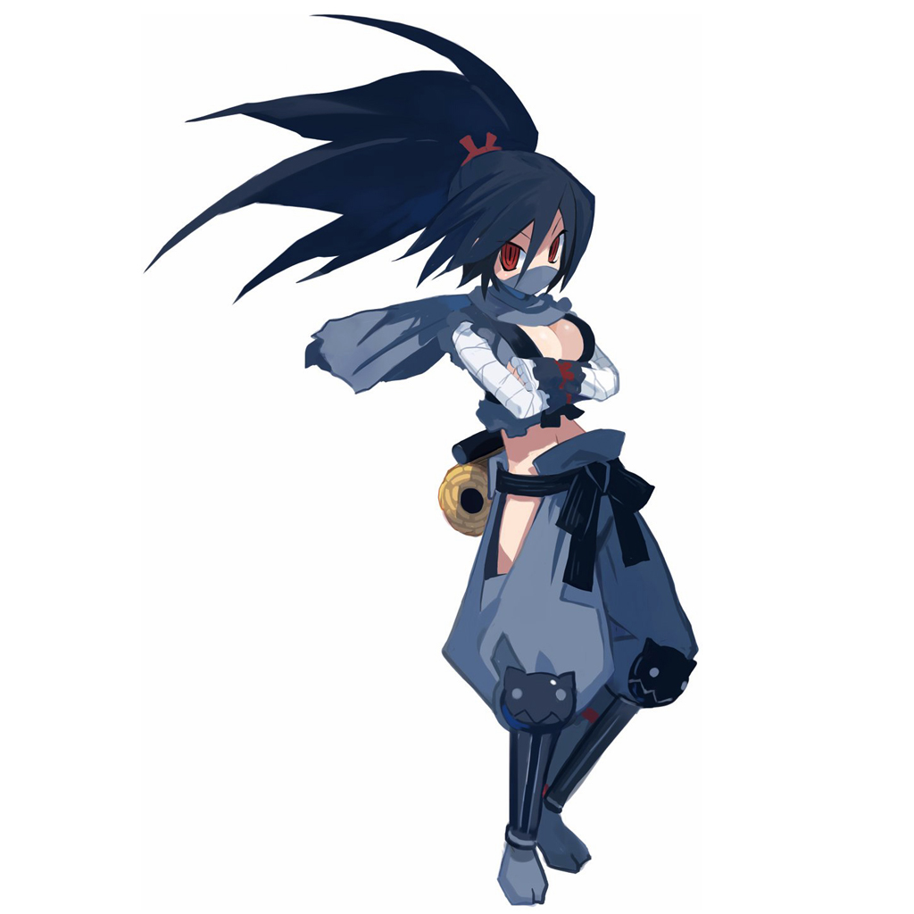 harada takehito, kunoichi (disgaea), kyoko needleworker, ninja (disgaea), disgaea, makai senki disgaea 2, makai senki disgaea 3, nippon ichi, official art, 1girl, bandages, blue hair, breasts, female focus, large breasts, long hair, mask, ninja, no panties, ponytail, red eyes, scarf, solo