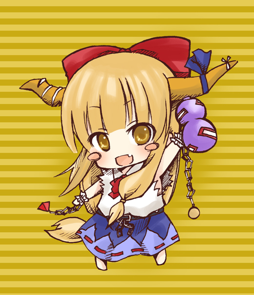 dancho (dancyo), skull.03, ibuki suika, touhou, bad id, bad pixiv id, 1girl, barefoot, blonde hair, brown eyes, chibi, female focus, horns, long hair, ribbon, solo