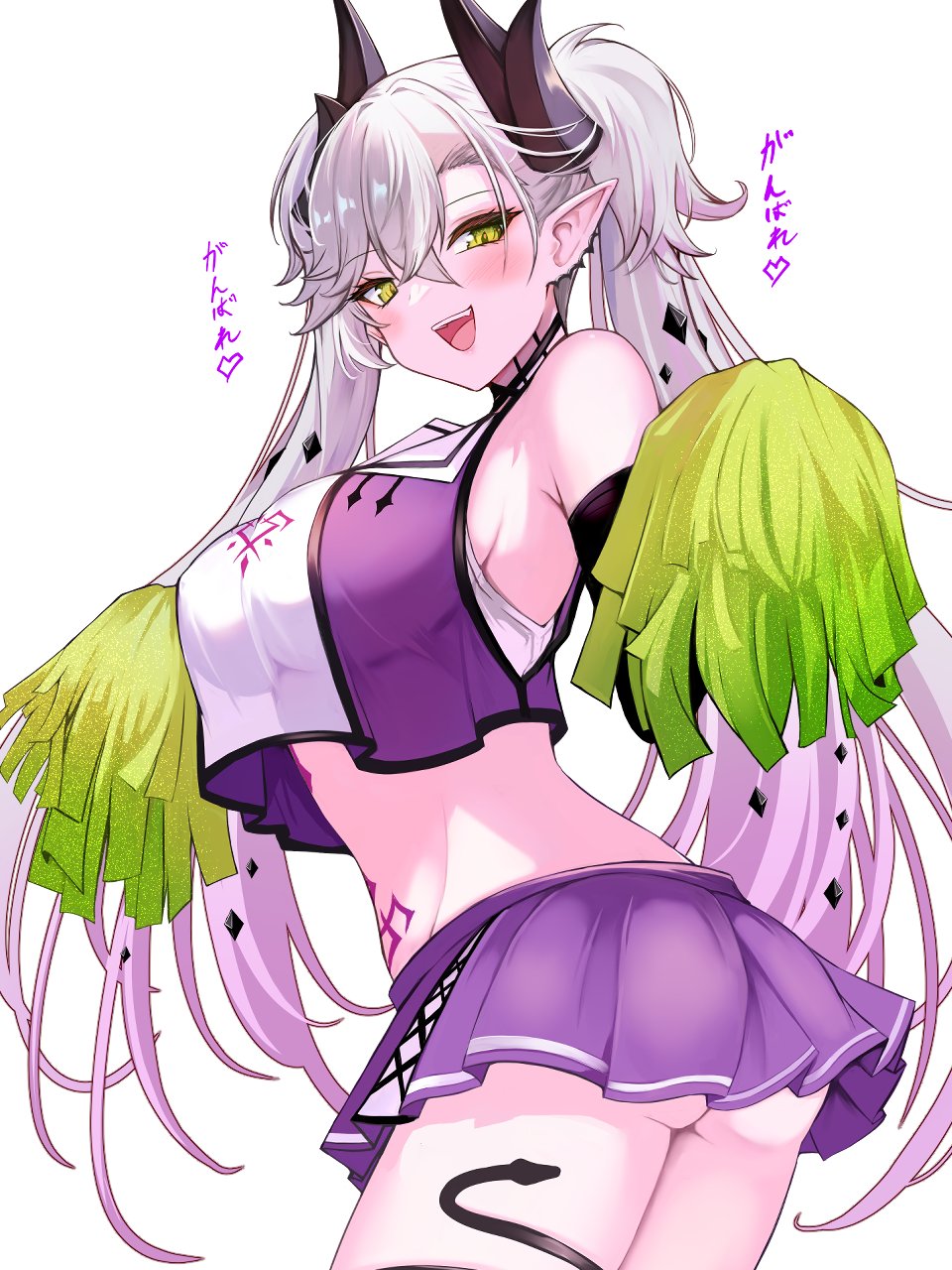 shibakame, lilith (fate), fate/grand order, fate (series), highres, bare shoulders, blush, breasts, cheerleader, demon horns, earrings, gradient hair, green eyes, horns, jewelry, large breasts, looking at viewer, multicolored hair, pink hair, pleated skirt, pointy ears, pom pom (cheerleading), purple skirt, single earring, skirt, twintails, white hair