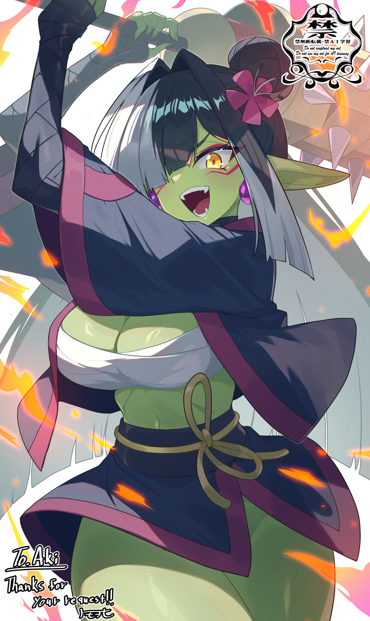 matsumoto tomoyohi, original, bilingual commentary, commentary, commission, english commentary, highres, mixed-language commentary, skeb commission, 1girl, arms up, black hair, black jacket, black skirt, breasts, chest sarashi, cleavage, colored skin, cowboy shot, curvy, facial mark, fangs, fire, flower, green skin, grey hair, hair flower, hair ornament, hair over one eye, holding, holding weapon, jacket, large breasts, long hair, long sleeves, looking at viewer, midriff, miniskirt, multicolored hair, one eye covered, open mouth, parted bangs, pointy ears, ribbon, sarashi, skirt, smile, solo, spiked bat, two-tone hair, weapon, white background, wide sleeves, yellow eyes, yellow ribbon