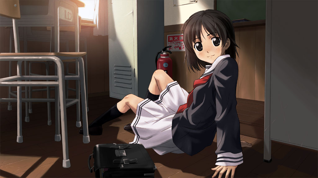 ojiri shin'ya, original, bad id, bad pixiv id, 1girl, arm support, bag, black eyes, brown hair, chair, female focus, fire extinguisher, kneehighs, on floor, school, school bag, school uniform, serafuku, short hair, sitting, skirt, smile, socks, solo, sunlight