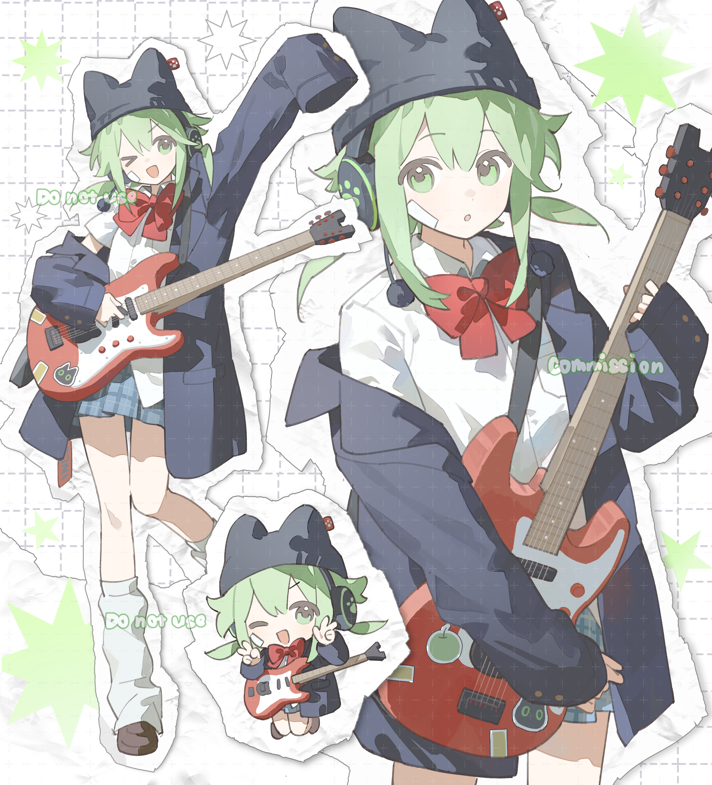 ame ame, original, absurdres, commission, highres, > o, 1girl, :o, ;d, arm up, beanie, black coat, black hat, blue skirt, bow, bowtie, brown shoes, chibi, coat, collared shirt, double-parted bangs, double v, full body, green eyes, green hair, hands up, hat, long sleeves, looking at viewer, medium hair, multiple views, one eye closed, open clothes, open coat, open mouth, plaid clothes, plaid skirt, pleated skirt, red bow, red bowtie, shirt, shoes, skirt, sleeves past fingers, sleeves past wrists, smile, socks, standing, v, watermark, white background, white shirt, white socks