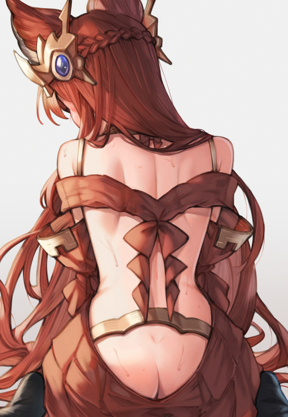 koretsuki azuma, anthuria, granblue fantasy, highres, 1girl, animal ears, ass, back, blush, braid, butt crack, detached sleeves, from behind, grey background, long hair, red eyes, red hair, red sleeves, simple background, sitting, solo, sweat
