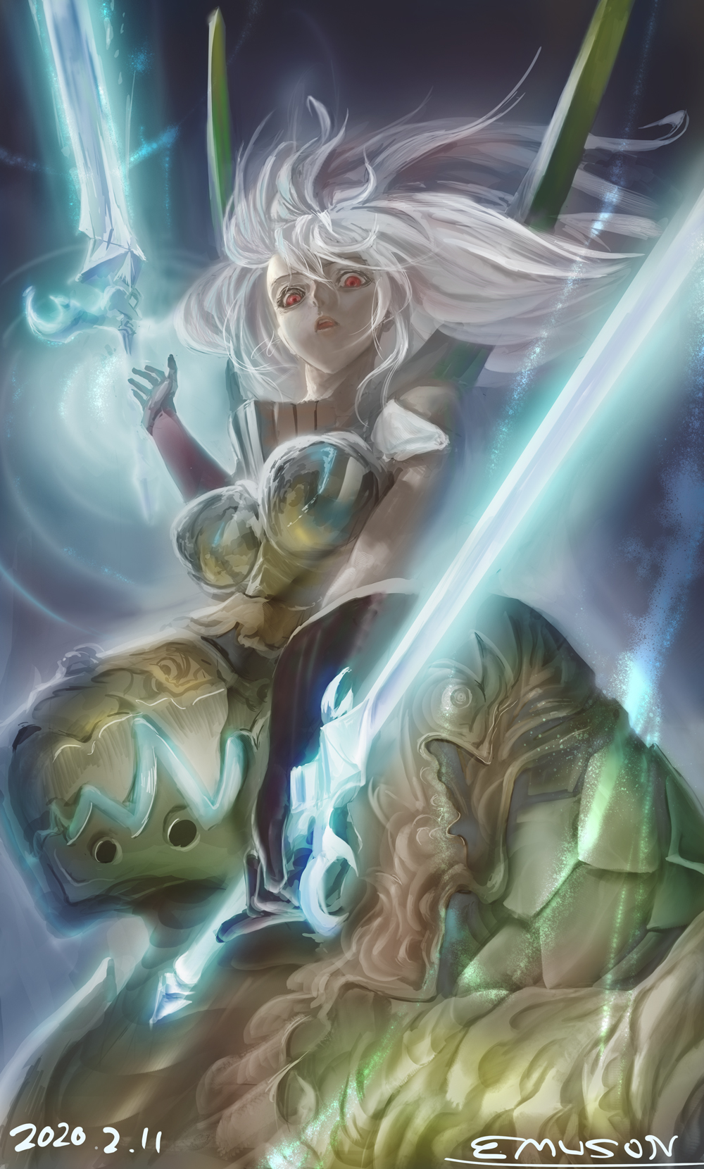 emuson, zooey (granblue fantasy), granblue fantasy, commentary request, highres, 1girl, boobplate, breastplate, breasts, centauroid, dark-skinned female, dark skin, dated, dragon girl, floating, floating hair, floating object, floating sword, floating weapon, gloves, hair between eyes, hand up, holding, holding sword, holding weapon, large breasts, long hair, monster girl, open mouth, red eyes, sidelocks, signature, solo, sword, taur, upper body, very long hair, visor (armor), weapon, white hair