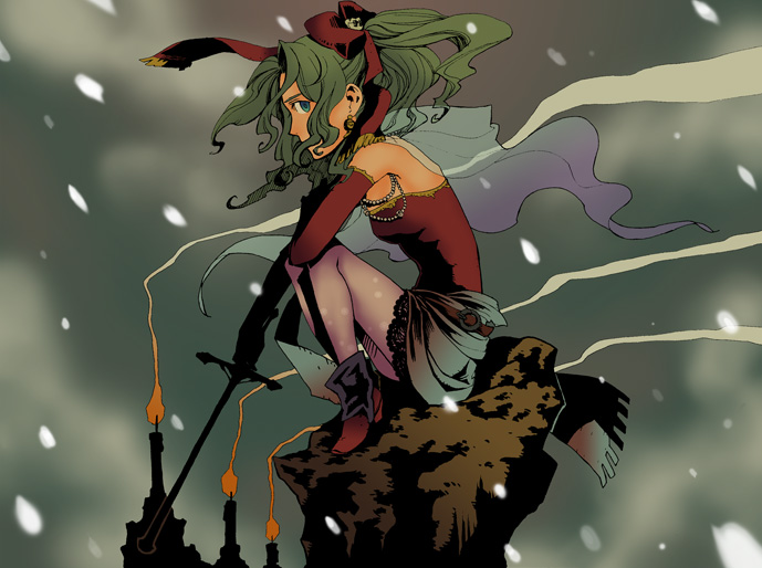 bishopric c66, moriobi, tina branford, final fantasy, final fantasy vi, bad id, bad pixiv id, 1990s (style), 1girl, bare shoulders, blue eyes, boots, cape, curly hair, dress, earrings, elbow gloves, female focus, gloves, green hair, jewelry, long hair, necklace, outdoors, pantyhose, piercing, ponytail, ribbon, sky, smoke, snow, solo, squatting, sword, weapon