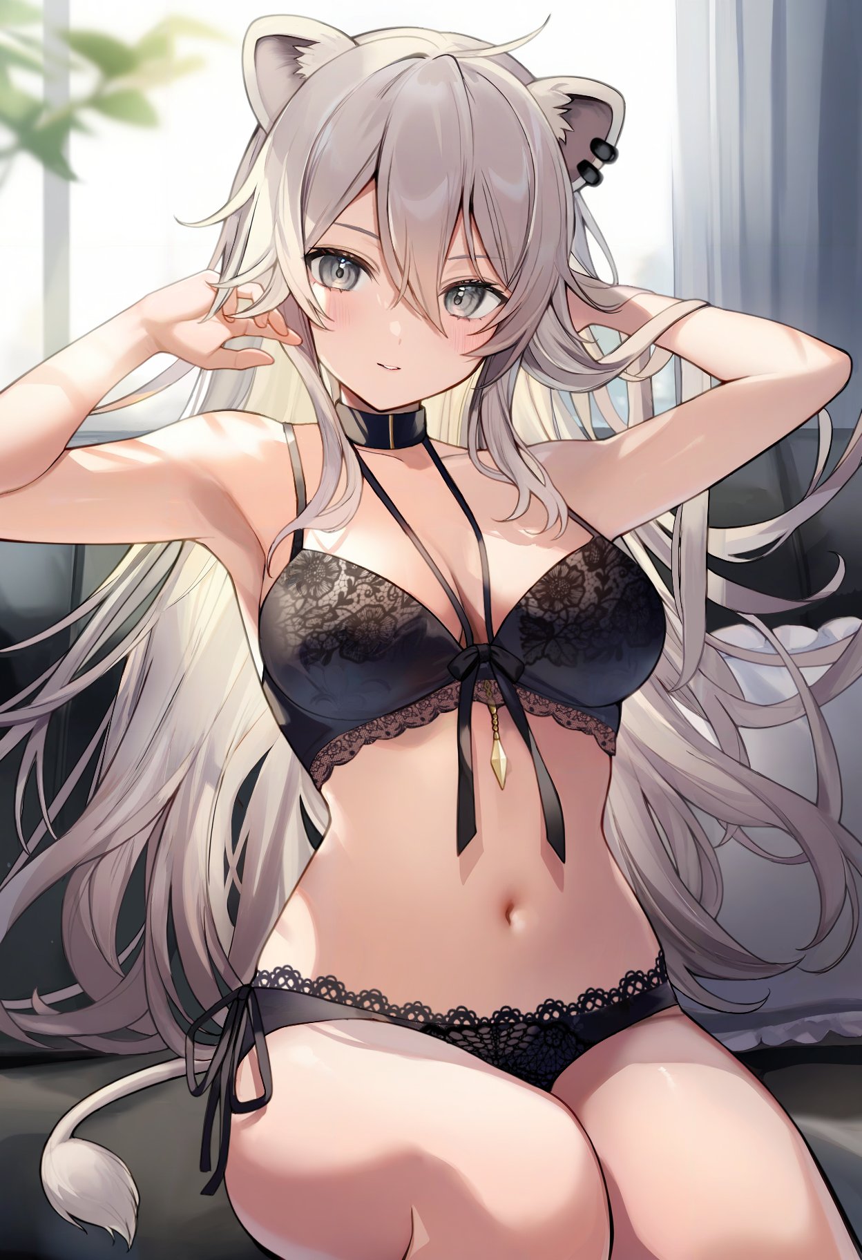 aria (ariacue), shishiro botan, hololive, commentary request, highres, 1girl, animal ears, armpits, arms up, bare arms, bare shoulders, black bra, black choker, black panties, bra, breasts, choker, cleavage, couch, cowlick, grey eyes, grey hair, lace, lace-trimmed bra, lace-trimmed panties, lace trim, large breasts, lion ears, lion girl, lion tail, long hair, looking at viewer, navel, on couch, panties, parted lips, pillow, side-tie panties, sitting, solo, stomach, string bra, tail, underwear, underwear only, very long hair, virtual youtuber