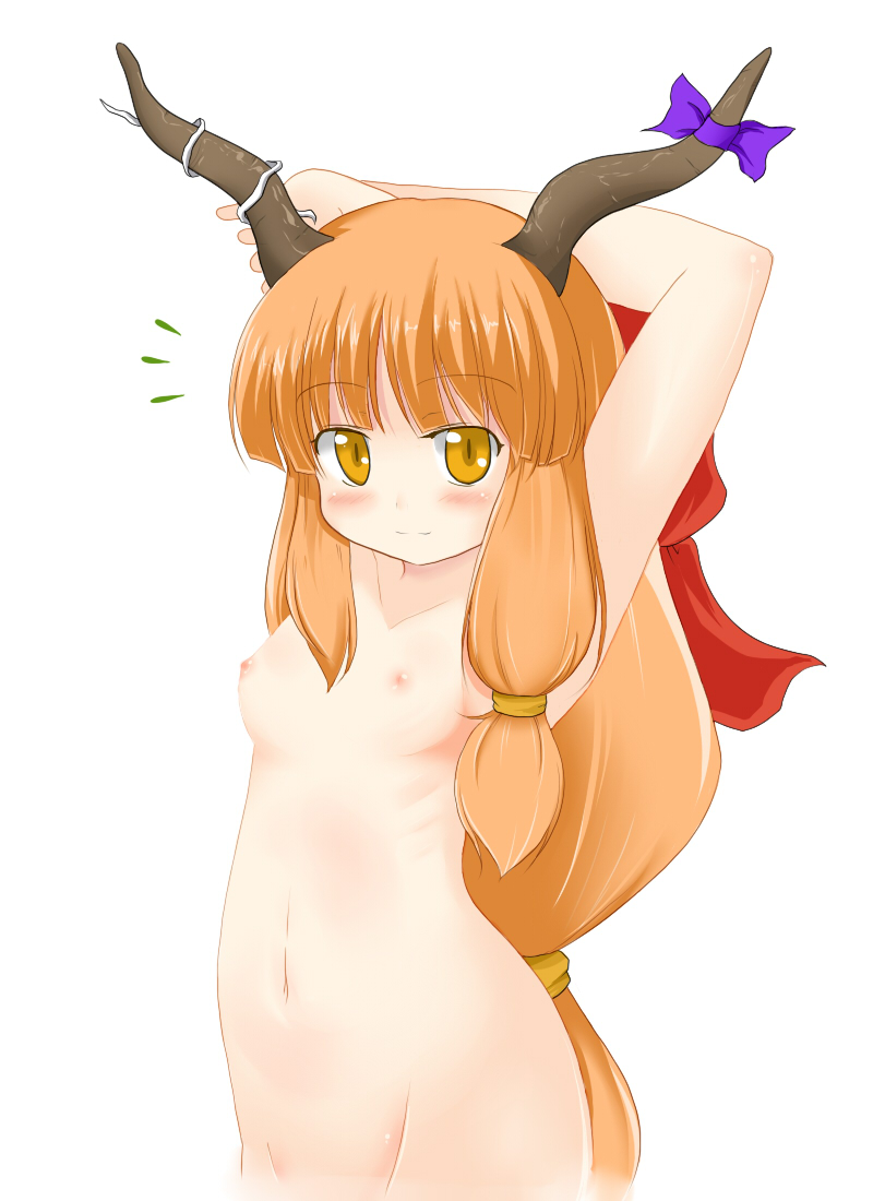 darusu, ibuki suika, touhou, bad id, bad pixiv id, 1girl, armpits, blush, breasts, brown eyes, brown hair, female focus, flat chest, horns, loli, long hair, navel, nipples, nude, orange hair, solo, standing, very long hair