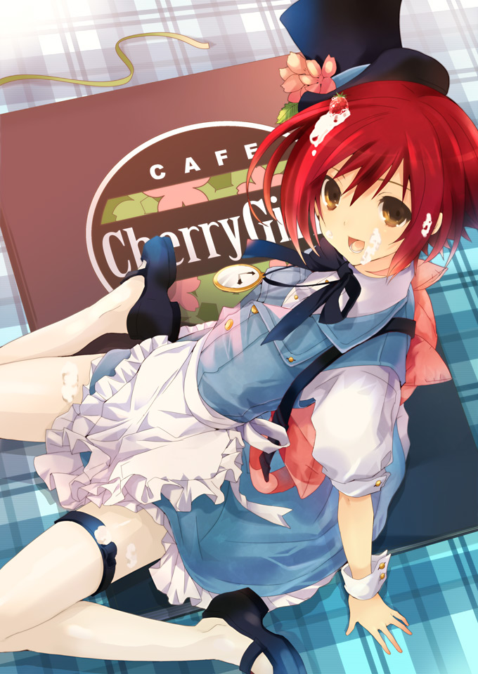 alice (alice in wonderland), rio (otosuki), alice's adventures in wonderland, otoko no ko wa meido fuku ga osuki!?, 1boy, alice (alice in wonderland) (cosplay), apron, cosplay, crossdressing, crossdressing (mtf), dress, hat, male focus, mary janes, mini hat, mini top hat, shoes, solo, thighhighs, top hat, trap, white thighhighs