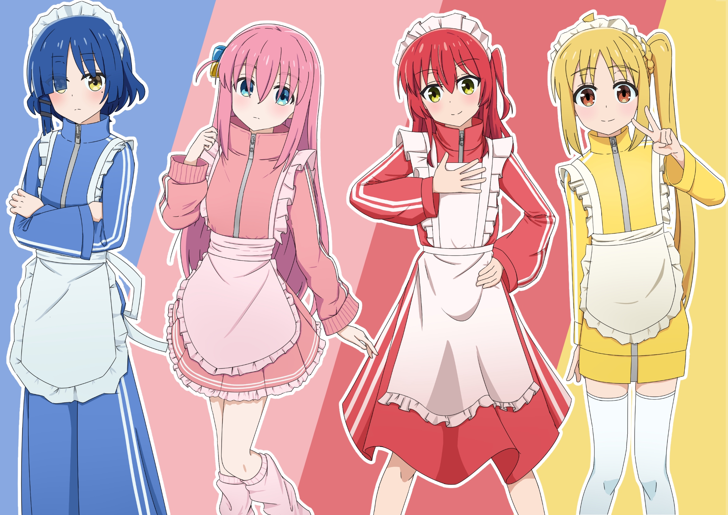 wanigi, gotoh hitori, ijichi nijika, kita ikuyo, yamada ryo, bocchi the rock!, commentary request, highres, 4girls, ahoge, apron, baggy pants, blonde hair, blue eyes, blue hair, blue track suit, crossed arms, cube hair ornament, dress, frilled apron, frilled dress, frills, green eyes, hair between eyes, hair ornament, hairclip, hand on own chest, hand on own hip, hand up, jacket, jersey maid, kessoku band, leg warmers, light blush, light frown, long hair, long sleeves, looking at viewer, maid, maid apron, maid headdress, mole, mole under eye, multiple girls, one side up, outline, pants, parallel hairclips, pink dress, pink hair, pink jacket, pink leg warmers, red dress, red eyes, red hair, red jacket, short hair, side ponytail, sidelocks, simple background, smile, standing, standing on one leg, tareme, thighhighs, track jacket, track suit, turtleneck, turtleneck jacket, unconventional maid, v, very long hair, white apron, white outline, white thighhighs, yellow dress, yellow eyes, yellow jacket, zipper, zipper pull tab
