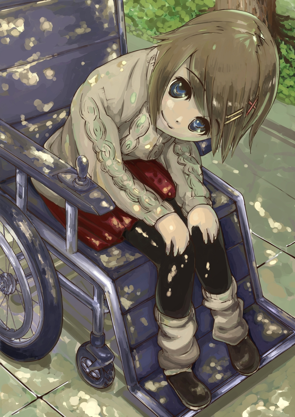 olg, yagami hayate, lyrical nanoha, mahou shoujo lyrical nanoha, mahou shoujo lyrical nanoha a's, bad id, bad pixiv id, highres, 00s, 1girl, blue eyes, brown hair, female focus, hair ornament, hairclip, leg warmers, pantyhose, powered wheelchair, short hair, solo, sweater, wheelchair, x hair ornament
