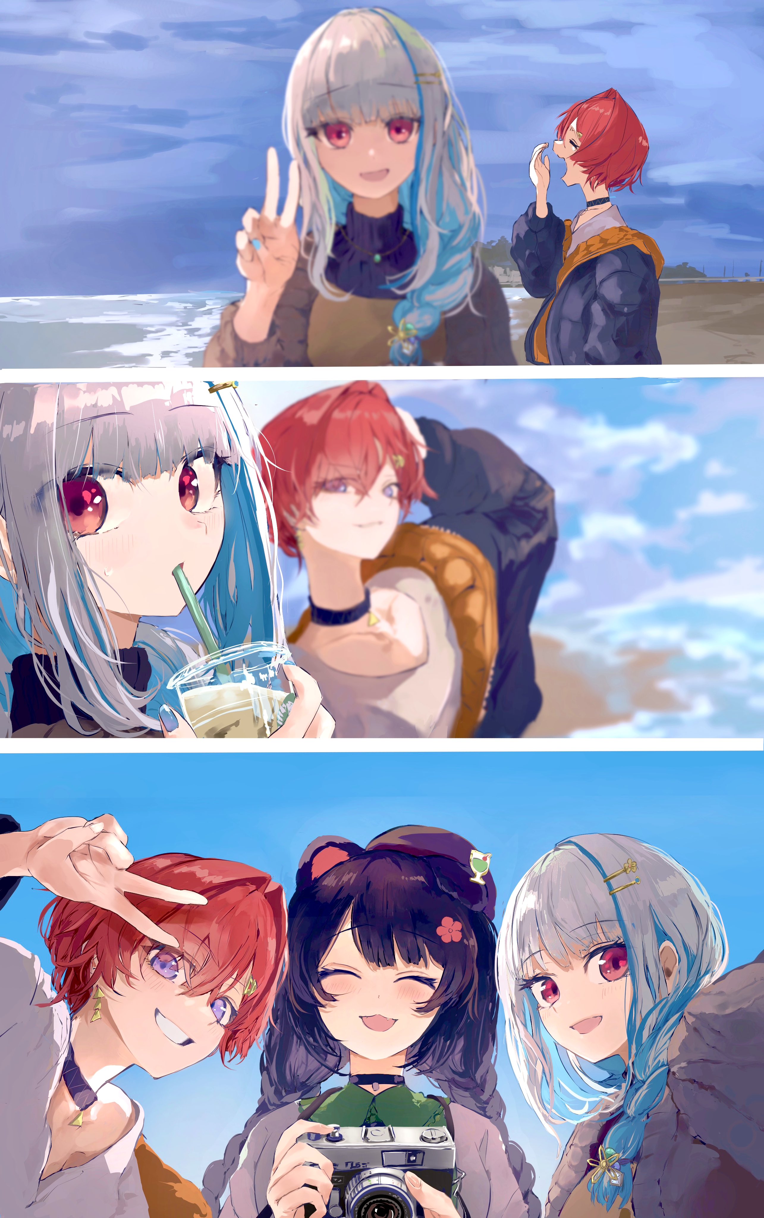 djyui, ange katrina, ange katrina (5th costume), inui toko, inui toko (fall casual), lize helesta, lize helesta (5th costume), nijisanji, absurdres, commentary request, highres, 3girls, :3, :d, ^ ^, animal ears, beach, beret, black choker, black hair, black jacket, black sweater, blue hair, blue nails, blue sky, blurry, blush, braid, camera, cardigan, choker, closed eyes, colored inner hair, depth of field, dog ears, dog girl, earrings, fake photograph, fangs, flower, gold earrings, grey cardigan, grin, hair flower, hair intakes, hair ornament, hair over shoulder, hairpin, hand up, hands up, hat, holding, holding camera, jacket, jewelry, long hair, long sidelocks, long sleeves, low twin braids, multicolored hair, multiple girls, multiple hairpins, multiple views, nail polish, necklace, open cardigan, open clothes, open jacket, open mouth, orange jacket, outdoors, pendant choker, purple eyes, purple hat, quilted jacket, red eyes, red hair, sanbaka (nijisanji), shirt, shore, short hair, sidelocks, single braid, single ear down, sky, smile, streaked hair, sweater, taking picture, turtleneck, turtleneck sweater, twin braids, two-sided fabric, two-sided jacket, two-tone hair, v, virtual youtuber, white hair, white shirt, yawning