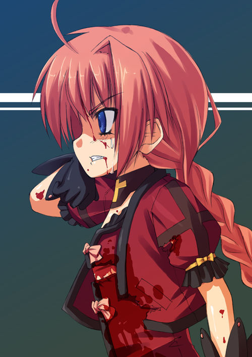 vita (nanoha), lyrical nanoha, mahou shoujo lyrical nanoha, 00s, 1girl, blood, blue eyes, female focus, gloves, red hair, solo