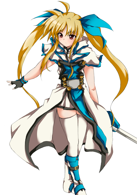 fate testarossa, ky kiske, arc system works, guilty gear, lyrical nanoha, mahou shoujo lyrical nanoha, 1girl, blonde hair, cosplay, female focus, ky kiske (cosplay), long hair, parody, red eyes, solo, tabard, thighhighs, twintails, very long hair