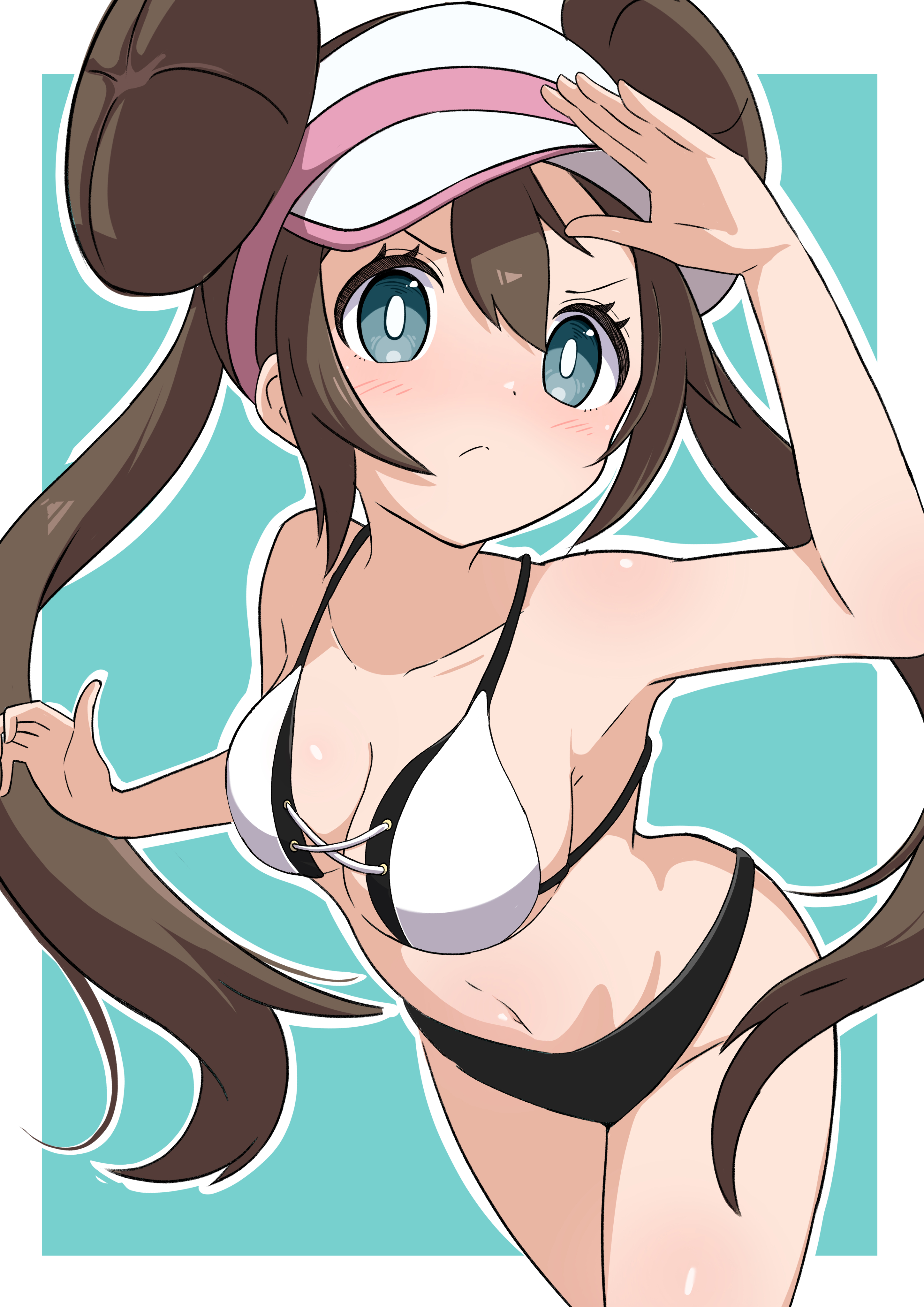 rono (lethys), rosa (pokemon), nintendo, pokemon, pokemon bw2, absurdres, highres, 1girl, bikini, blue eyes, blush, breasts, brown hair, closed mouth, double bun, hair bun, hat, long hair, looking at viewer, multicolored bikini, solo, swimsuit, twintails, two-tone bikini, visor cap