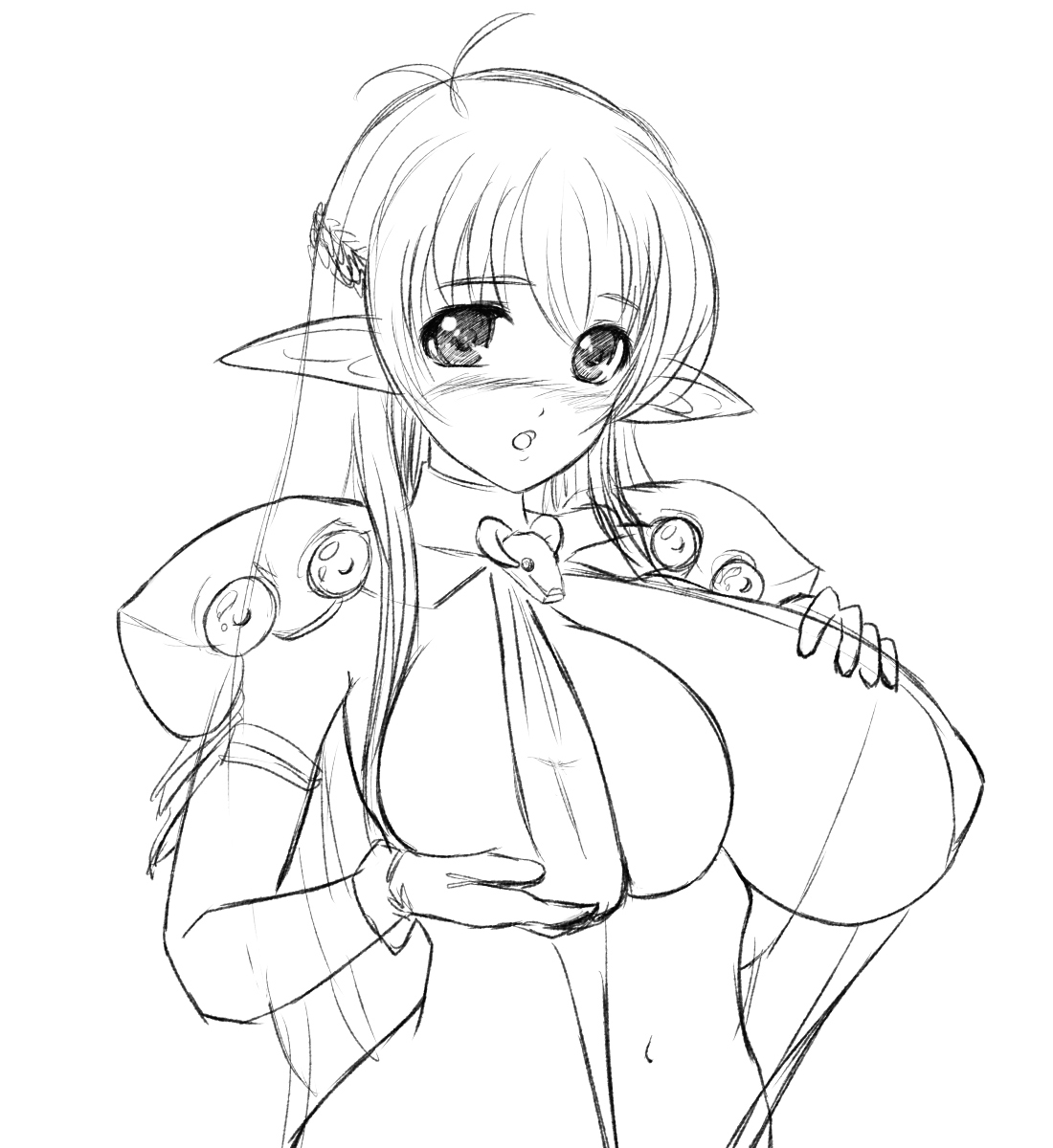 shiba (pixiv244), bad id, bad pixiv id, highres, bikini, blush, breasts, greyscale, huge breasts, long hair, monochrome, pointy ears, sketch, slingshot swimsuit, solo, string bikini, swimsuit