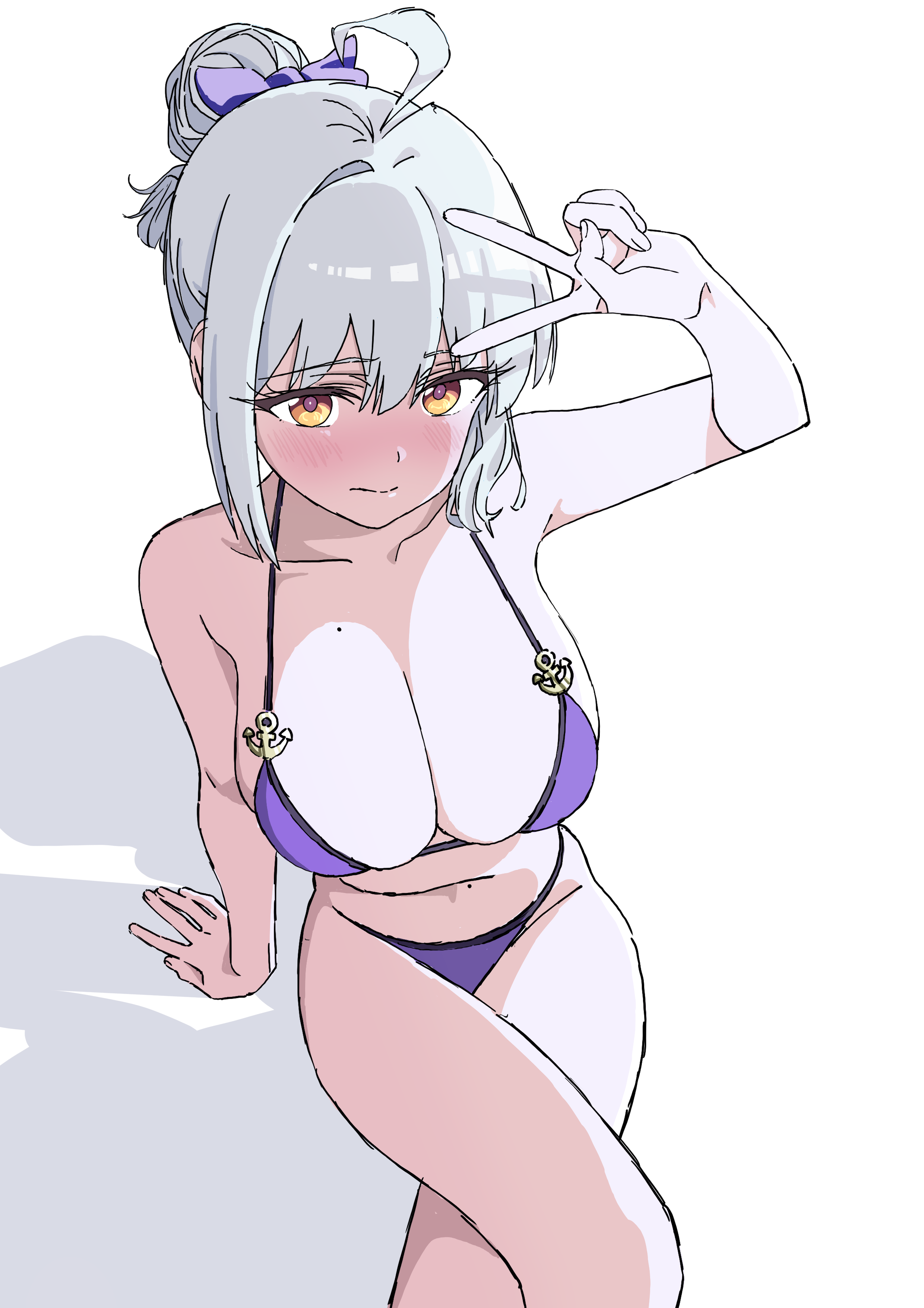mugi0913, original, absurdres, highres, 1girl, ahoge, bikini, breasts, cleavage, closed eyes, closed mouth, grey hair, halterneck, large breasts, looking at viewer, mole, mole on breast, ponytail, purple bikini, short hair, simple background, sitting, solo, string bikini, swimsuit, thighs, v, white background, yellow eyes