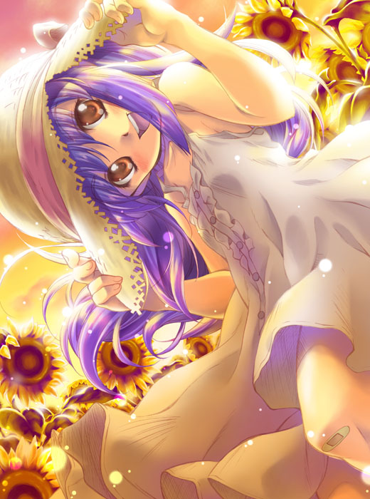kusui aruta, original, 1girl, :d, bandaid, bandaid on knee, bandaid on leg, brown eyes, child, dress, female focus, flower, hands on headwear, hat, long hair, open mouth, purple hair, sleeveless, sleeveless dress, smile, solo, straw hat, sun hat, sundress, sunflower