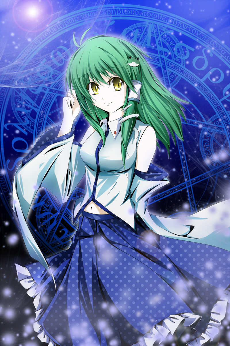kanaria (fuusenkazura), kochiya sanae, touhou, bad id, bad pixiv id, highres, 1girl, breasts, female focus, gradient background, green hair, japanese clothes, miko, navel, solo, standing, yellow eyes