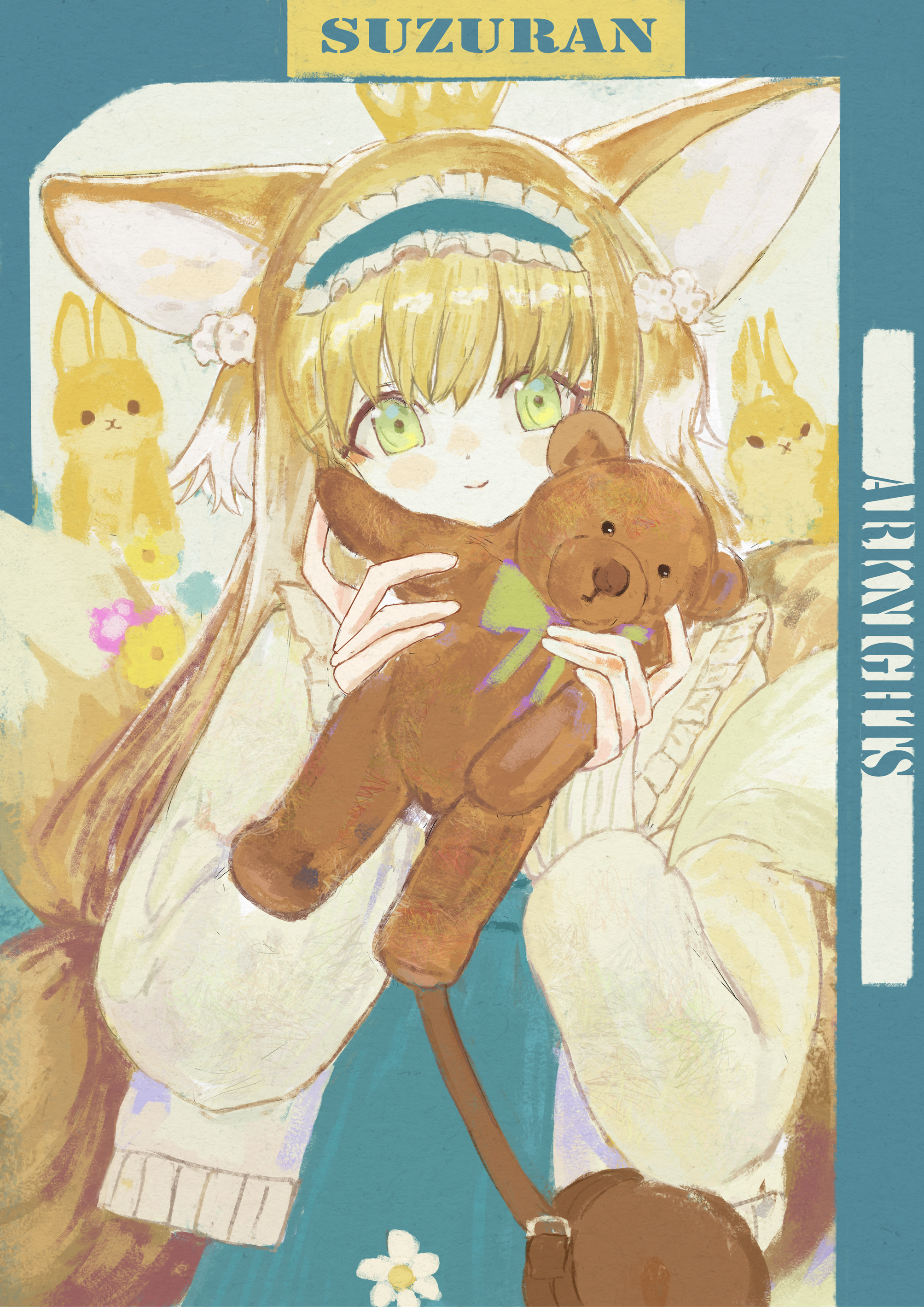 gumiaoandpeace, suzuran (arknights), suzuran (spring praise) (arknights), arknights, absurdres, chinese commentary, commentary request, highres, 1girl, animal ears, blonde hair, blue hairband, fox ears, fox girl, fox tail, frilled hairband, frills, green eyes, hairband, holding, long hair, official alternate costume, solo, stuffed animal, stuffed toy, tail