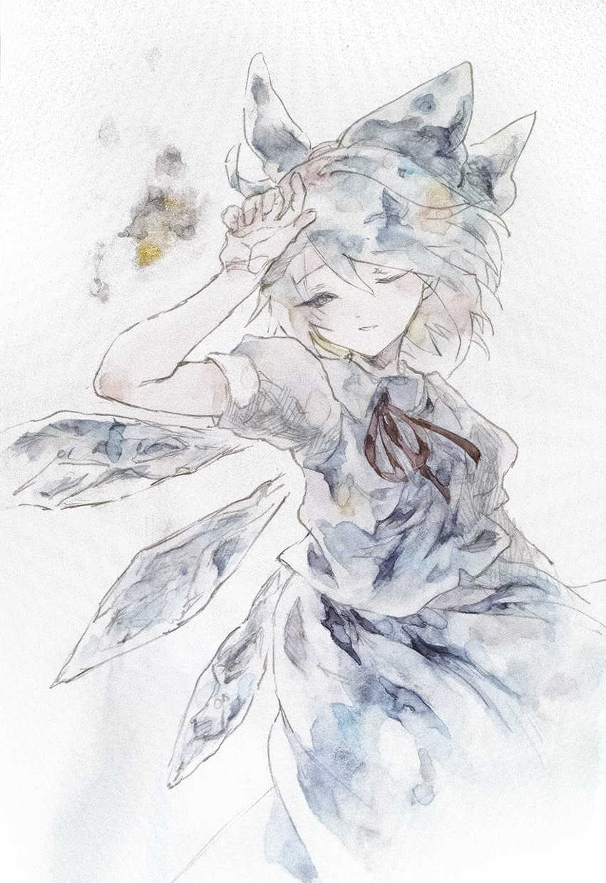 ikeda ruriko, cirno, touhou, highres, painting (medium), traditional media, watercolor (medium), 1girl, blue eyes, blue hair, hat, hat ribbon, ice, ice wings, looking at viewer, medium hair, ribbon, short sleeves, solo, wings