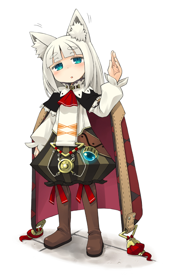 minami juujisei, ikurakun (7th dragon), mage (7th dragon), 7th dragon, 7th dragon (series), 1girl, animal ears, blue eyes, blush, boots, cape, child, female focus, long hair, solo, white hair