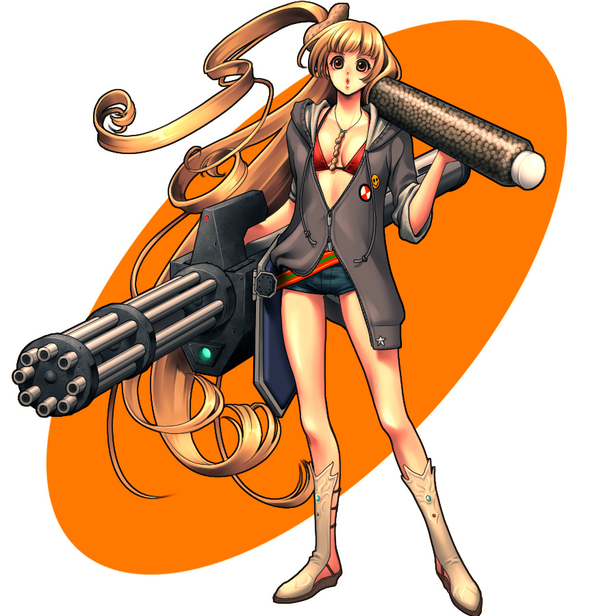 kayu, original, bad id, bad pixiv id, 1girl, :o, bikini, boots, brown eyes, brown hair, female focus, hood, hoodie, long hair, orange background, shorts, sleeves rolled up, solo, swimsuit, very long hair, weapon