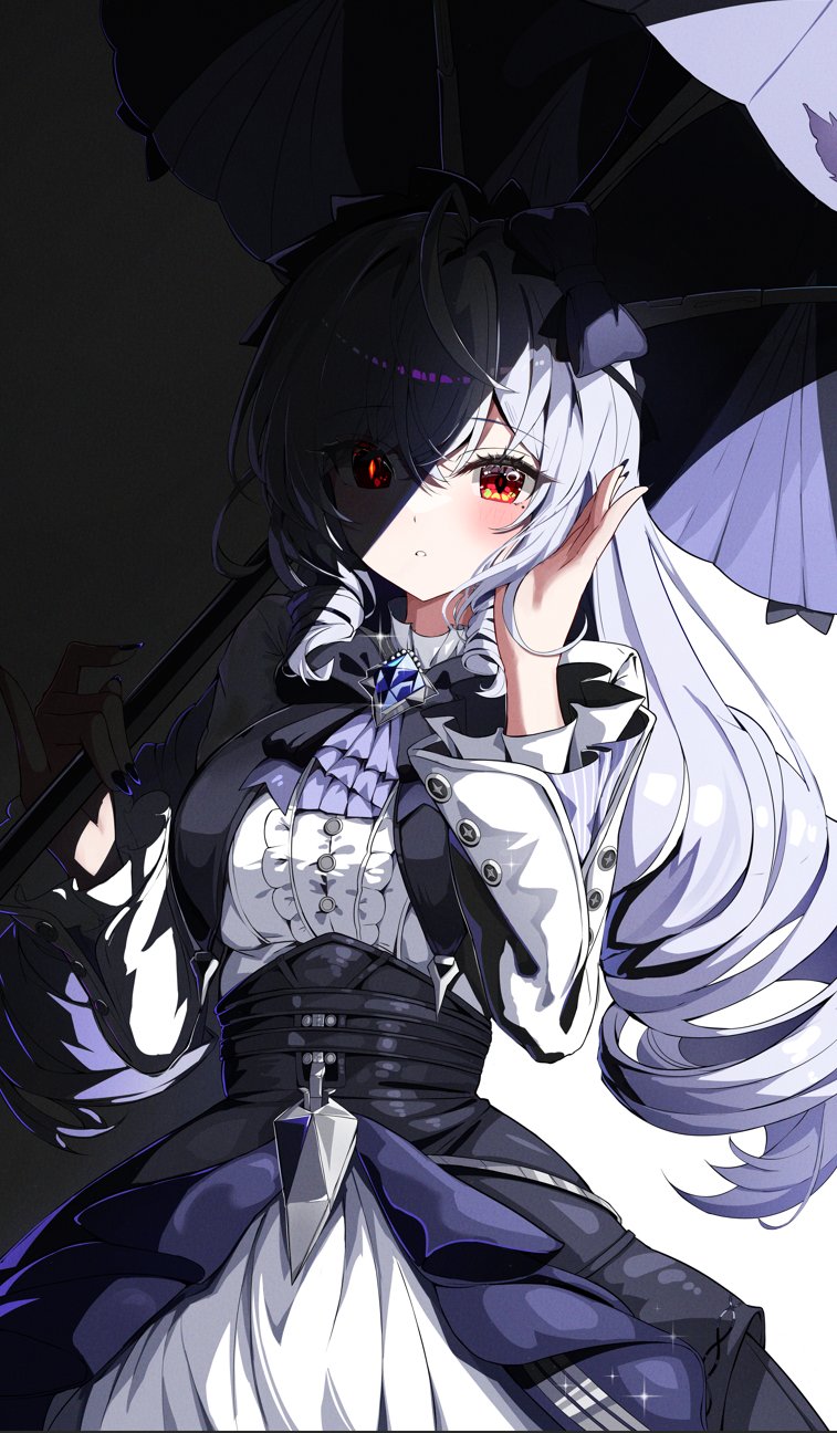 yeni1871, vivian banshee, zenless zone zero, commentary request, highres, 1girl, ascot, black nails, blush, bow, bowtie, breast curtains, center frills, drill hair, frills, gem, glowing, glowing eye, hair between eyes, hairband, hand in own hair, holding, holding umbrella, long hair, mole, mole under eye, pointy ears, purple ascot, purple bow, purple bowtie, purple gemstone, purple hair, purple hairband, purple umbrella, red eyes, shadow, shrug (clothing), sideboob cutout, solo, umbrella, white background, white shrug