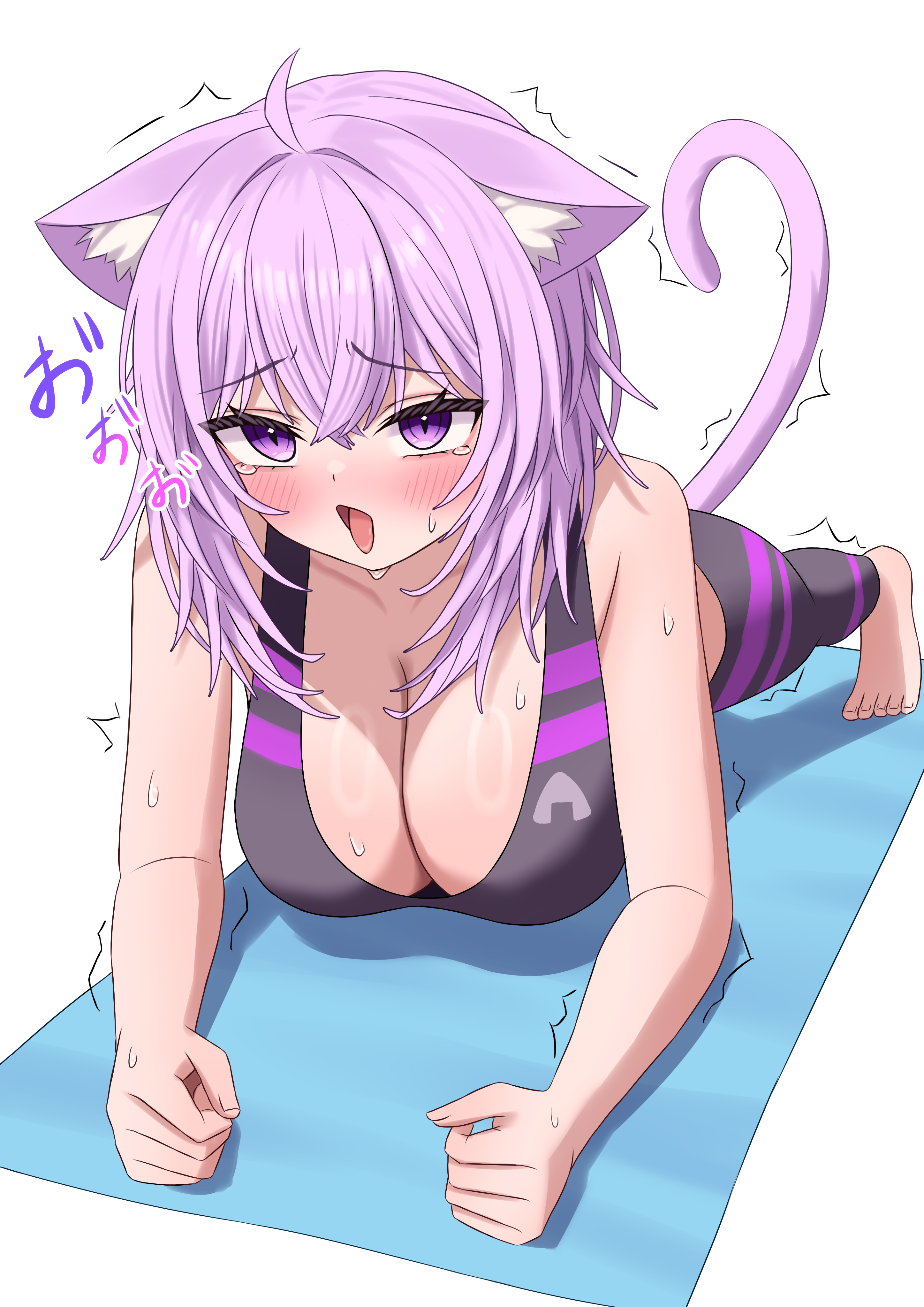 kumoru (kumoru 145), nekomata okayu, hololive, absurdres, highres, 1girl, animal ear fluff, animal ears, barefoot, black pants, blush, breasts, cat ears, cat girl, cat tail, exercising, feet, hair between eyes, large breasts, long hair, medium hair, open mouth, pants, purple eyes, purple hair, purple tail, solo, sports bra, tail, tears, toes, tongue, tongue out, virtual youtuber