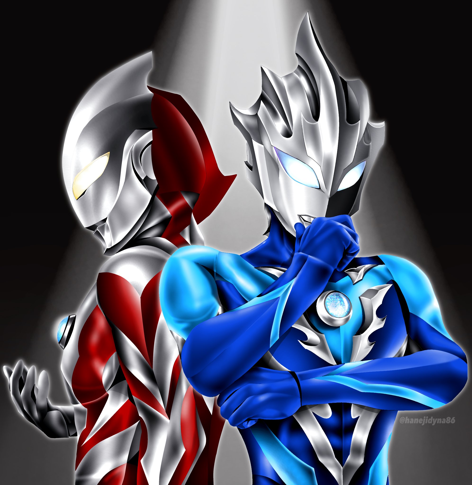 hanejidyna86, ultraman belial, ultraman belial early style, ultraman tregear, tokusatsu, ultra galaxy (series), ultra galaxy fight: the absolute conspiracy, ultra galaxy fight: the destined crossroad, ultra series, commentary, highres, 2boys, alien, arm at side, black background, blue eyes, blue skin, color timer, colored skin, compound eyes, crossed arms, cupping hand, dorsal fin, from side, glowing, glowing eyes, gradient eyes, hand on own chin, looking down, male focus, multicolored eyes, multicolored skin, multiple boys, pectorals, red skin, silver skin, spotlight, thinking, toned, toned male, tsurime, twitter username, two-tone skin, ultraman tregear early style, upper body, white eyes, wrinkled skin, yellow eyes