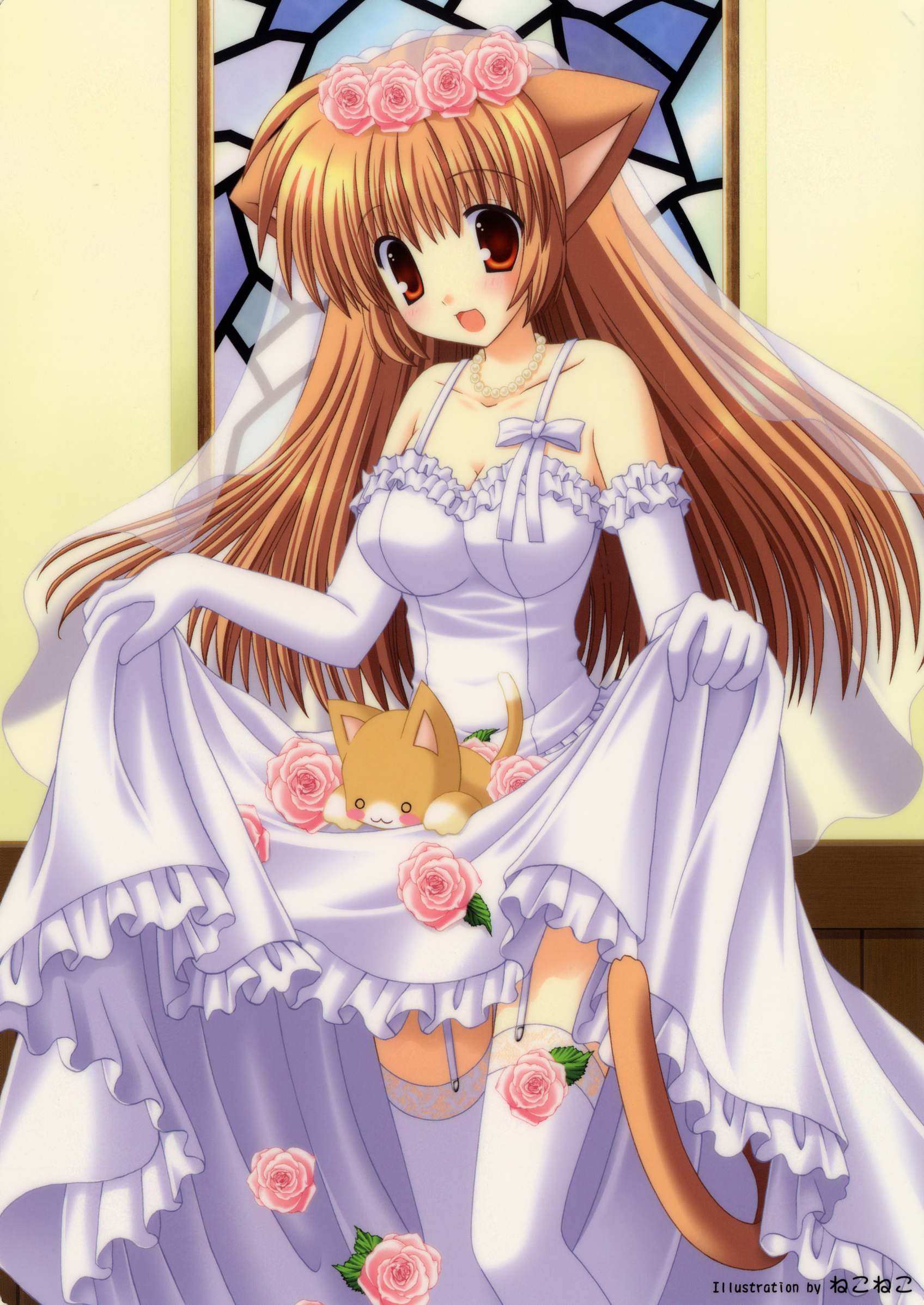 nekoneko, highres, 1girl, animal ears, bride, brown hair, cat, cat ears, cat tail, dress, female focus, flower, orange eyes, solo, tail, thighhighs, wedding dress