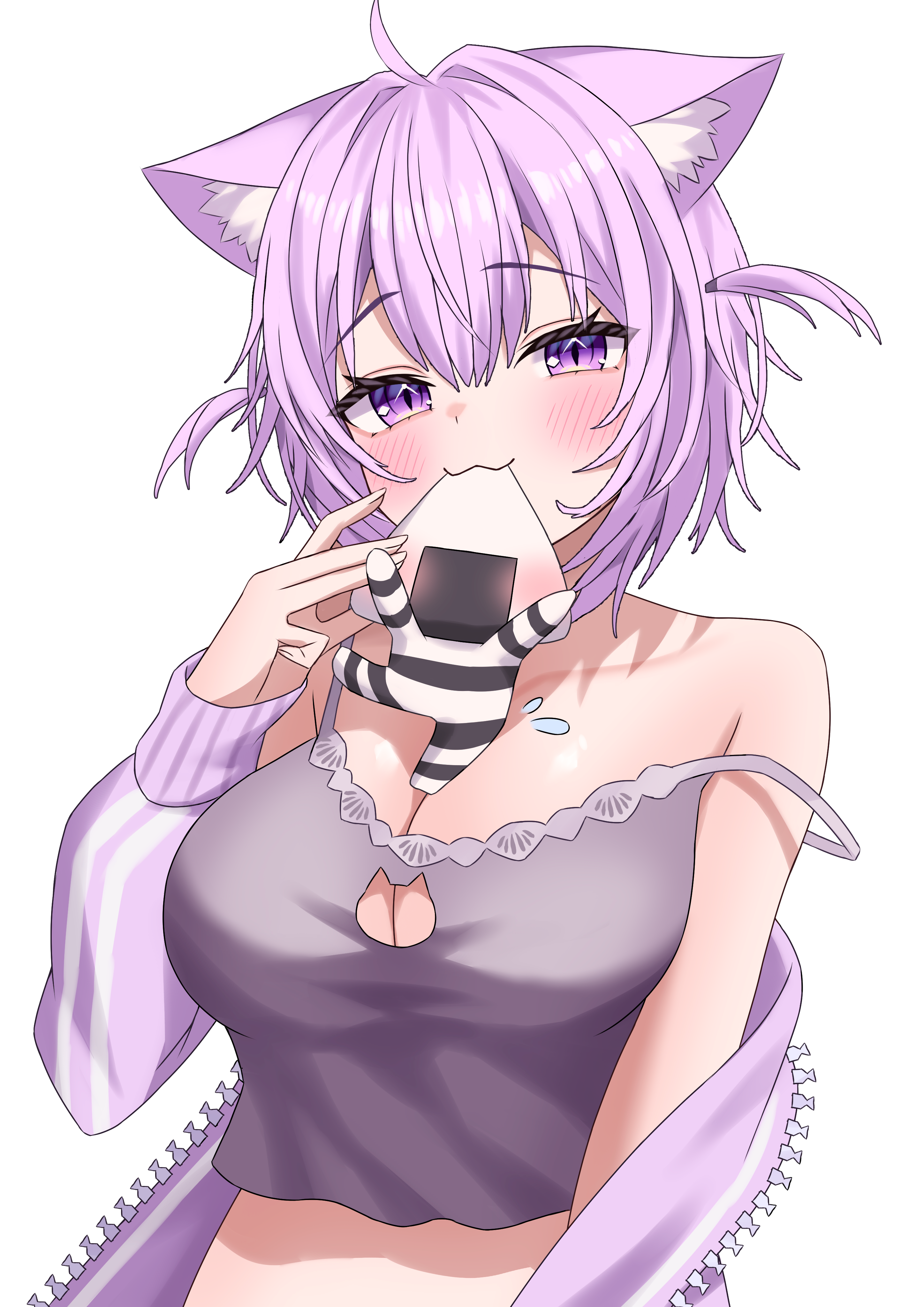 kumoru (kumoru 145), nekomata okayu, onigirya (nekomata okayu), hololive, absurdres, highres, 1girl, :3, animal ear fluff, animal ears, blush, breasts, cat cutout, cat ears, cat girl, clothing cutout, crop top, grey tank top, hair between eyes, jacket, large breasts, long hair, medium hair, midriff, mouth hold, purple eyes, purple hair, purple jacket, smile, solo, sweater jacket, tank top, virtual youtuber, white background