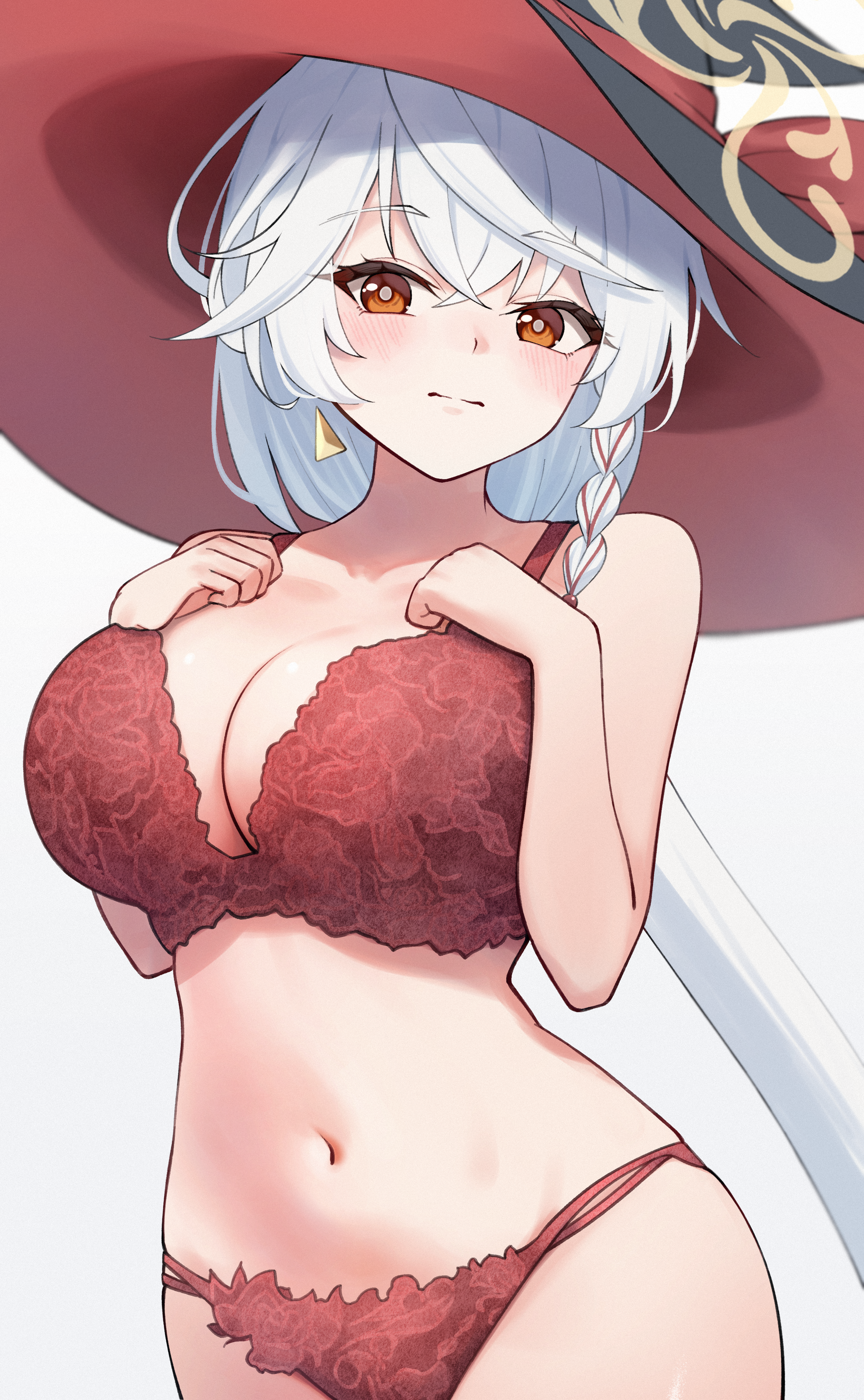 uine (bobhairshuki), eri (blue archive), blue archive, absurdres, highres, 1girl, black hat, blush, bra, braid, breasts, cleavage, closed mouth, halo, hat, large breasts, long hair, navel, orange eyes, orange halo, panties, red bra, red panties, simple background, single braid, solo, underwear, underwear only, white background, white hair, witch hat