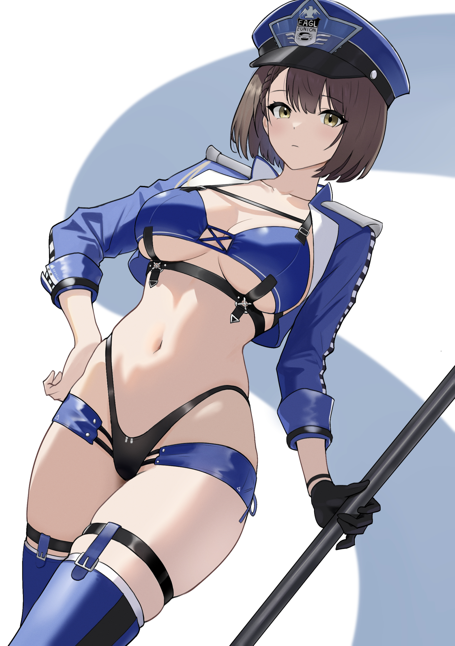 kanghak, baltimore (azur lane), baltimore (finish line flagbearer) (azur lane), azur lane, commentary, english commentary, highres, 1girl, bikini, black bikini, black gloves, blue bikini, blue boots, blue hat, blue jacket, blue shorts, boots, braid, braided bangs, breasts, brown hair, chest harness, cleavage, closed mouth, collarbone, cowboy shot, cropped jacket, gloves, hair between eyes, hand on own hip, harness, hat, highleg, highleg bikini, holding, holding pole, jacket, large breasts, looking at viewer, micro shorts, mismatched bikini, navel, official alternate costume, open clothes, open jacket, peaked cap, pole, race queen, short hair, shorts, sidelocks, single glove, skindentation, solo, standing, stomach, swimsuit, thigh boots, thigh strap, underboob, yellow eyes