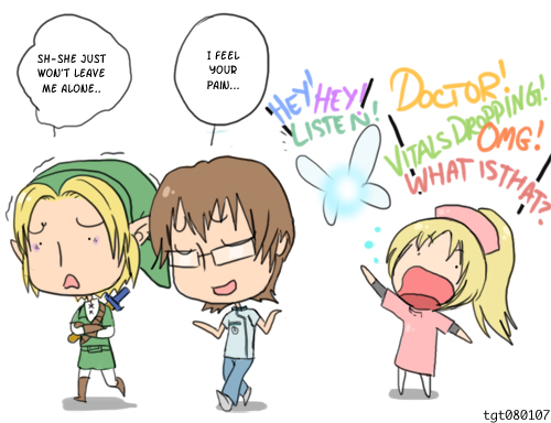 link, navi, tonegawa anju, tsukimori kousuke, chou shittou caduceus, nintendo, the legend of zelda, lowres, 1girl, blonde hair, brown hair, company connection, crossover, english text, glasses, hat, nurse, pantyhose, pointy ears, trait connection, truth, white pantyhose