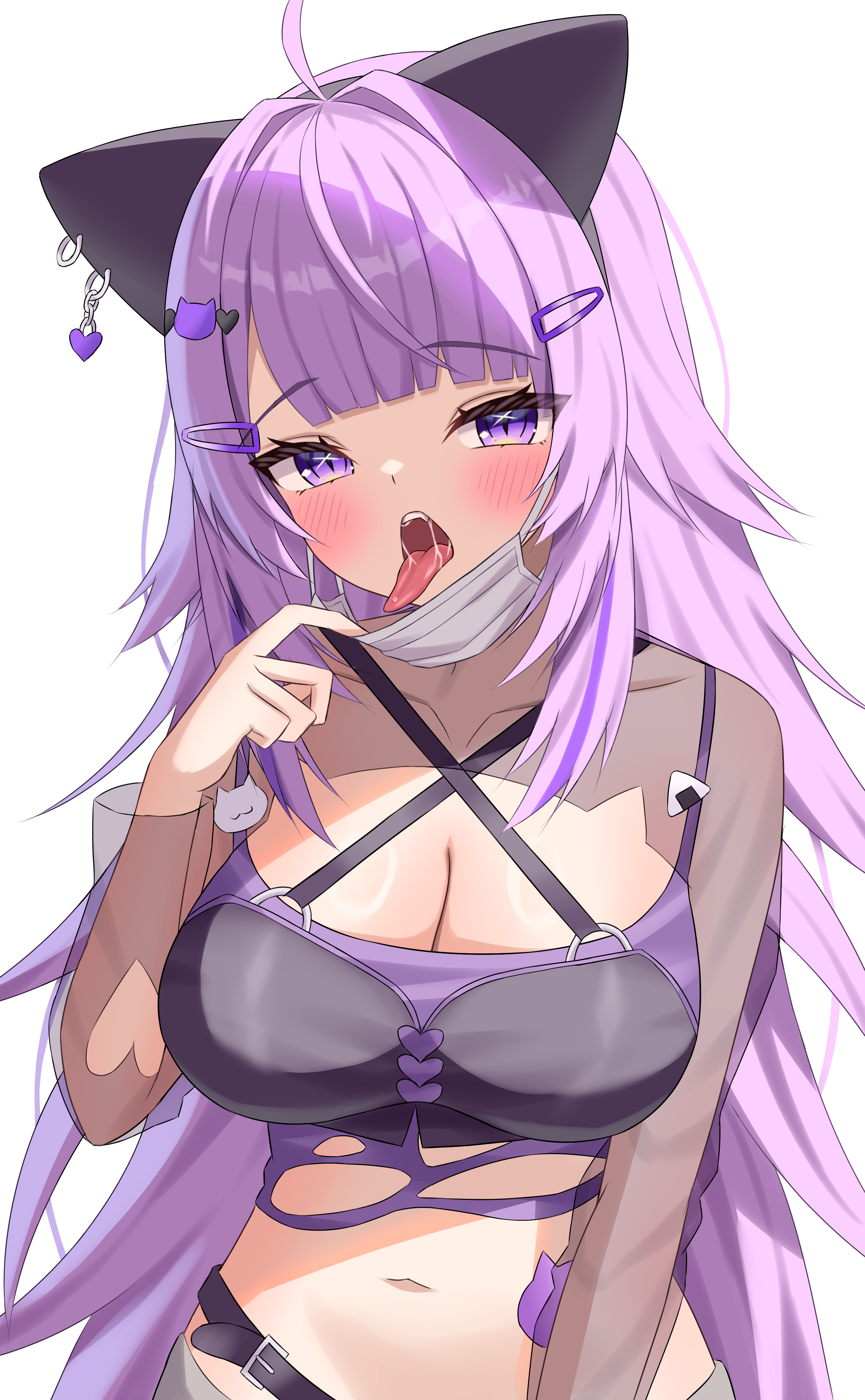 kumoru (kumoru 145), nekomata okayu, hololive, absurdres, commentary, highres, 1girl, alternate hairstyle, animal ears, black hairband, blush, breasts, cat ears, cat girl, cat hair ornament, crop top, detached sleeves, fake animal ears, hair between eyes, hair ornament, hairband, hairclip, long hair, mask, medium breasts, midriff, mouth mask, navel, open mouth, purple eyes, purple hair, saliva, solo, sports bra, stomach, tongue, tongue out, virtual youtuber, white background, white mask
