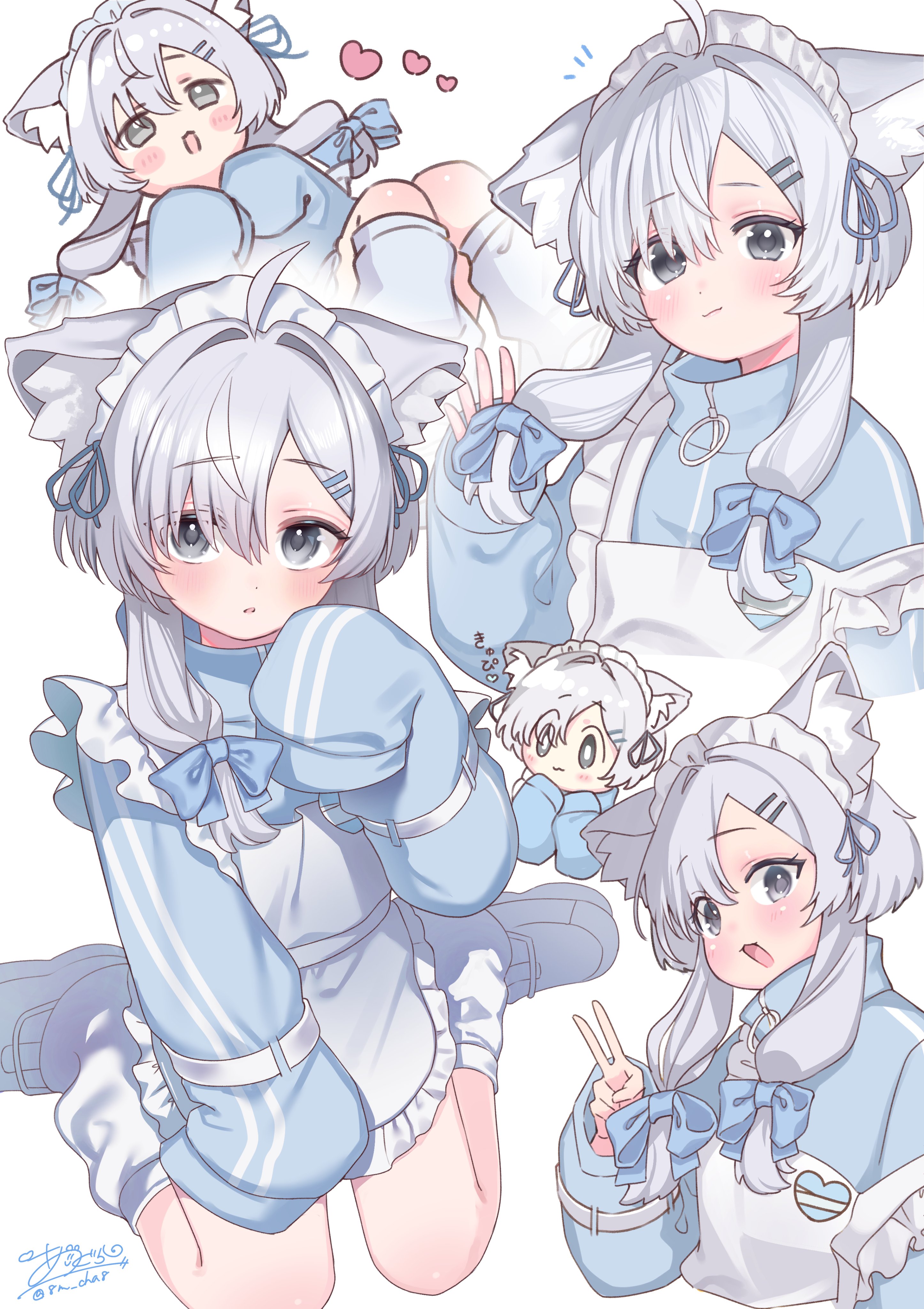 ham3c, absurdres, character request, commentary request, copyright request, highres, 1girl, :3, animal ear fluff, animal ears, apron, blue bow, blue track suit, blush, bow, cat ears, cat girl, closed mouth, frilled apron, frills, grey eyes, grey ribbon, hair bow, hair ornament, hair ribbon, hairclip, hand up, hands up, heart, jacket, jersey maid, kneeling, knees, leg warmers, long sidelocks, looking at viewer, lying, maid, maid apron, maid headdress, multiple views, on back, open mouth, parallel hairclips, parted lips, paw pose, ribbon, shoes, short hair, shy, sidelocks, signature, sleeves past fingers, sleeves past wrists, solo, tenshi kaiwai, track jacket, track suit, turtleneck, turtleneck jacket, unconventional maid, v, white apron, white leg warmers, white shoes, wide sleeves
