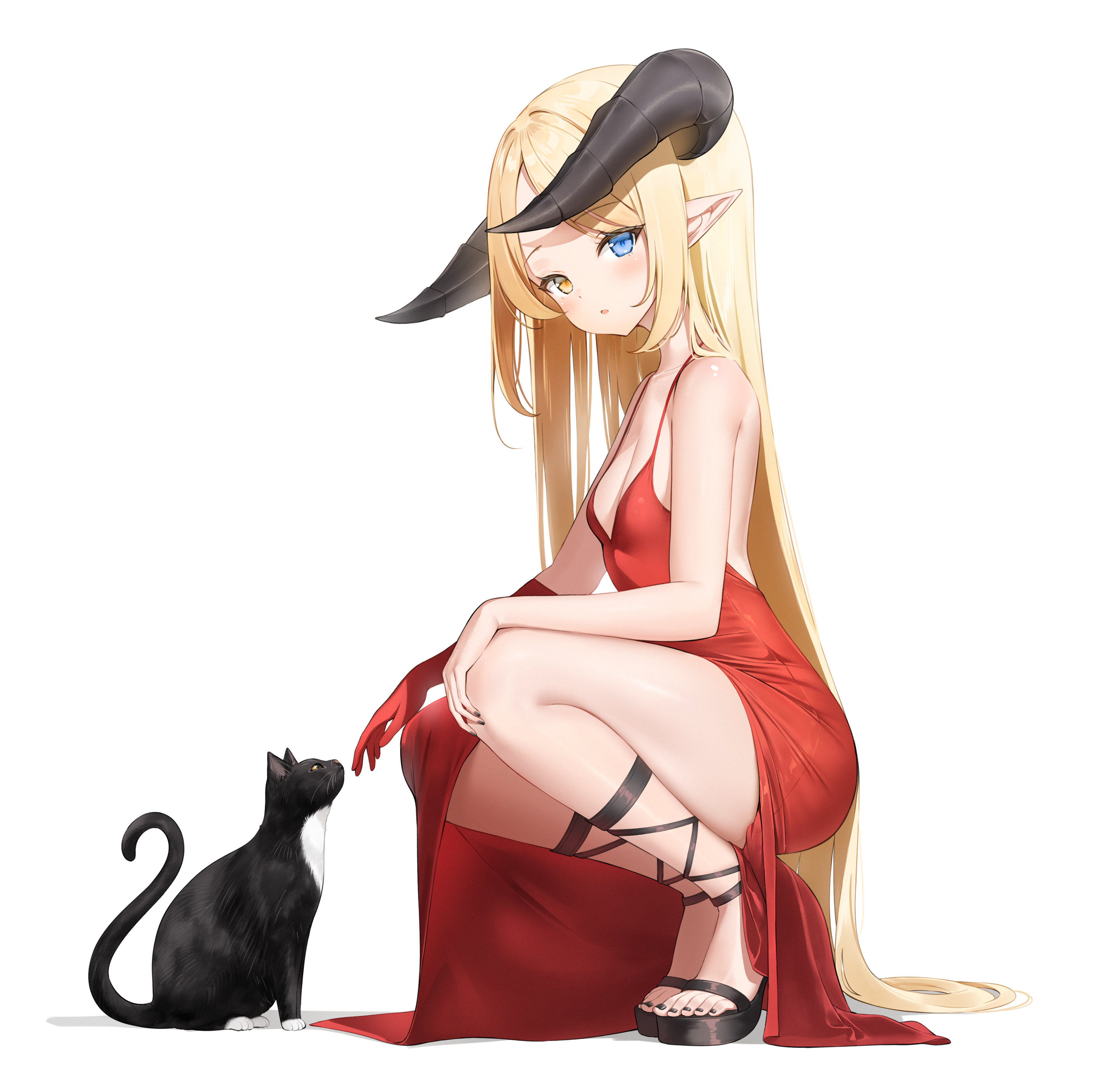 keibeam, original, absurdres, commission, highres, second-party source, 1girl, bare arms, bare shoulders, black cat, black nails, black shoes, blonde hair, blue eyes, breasts, cat, cleavage, cocktail dress, demon horns, dress, from side, gloves, heterochromia, high heels, horns, long hair, looking at viewer, looking to the side, nail polish, parted bangs, parted lips, pointy ears, red dress, red gloves, shoes, side slit, simple background, single glove, sleeveless, sleeveless dress, small breasts, solo, spaghetti strap, squatting, toenail polish, toenails, very long hair, white background, yellow eyes