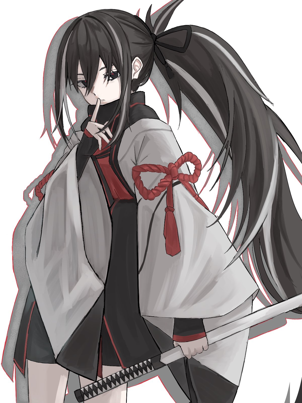 kawakami gensai (fate), fate/grand order, fate (series), highres, black eyes, black hair, black scarf, finger to mouth, holding, holding sheath, holding sword, holding weapon, japanese clothes, kawakami gensai (first ascension) (fate), long hair, long sleeves, looking at viewer, multicolored hair, ponytail, scarf, sheath, sword, watasiunko, weapon, white hair